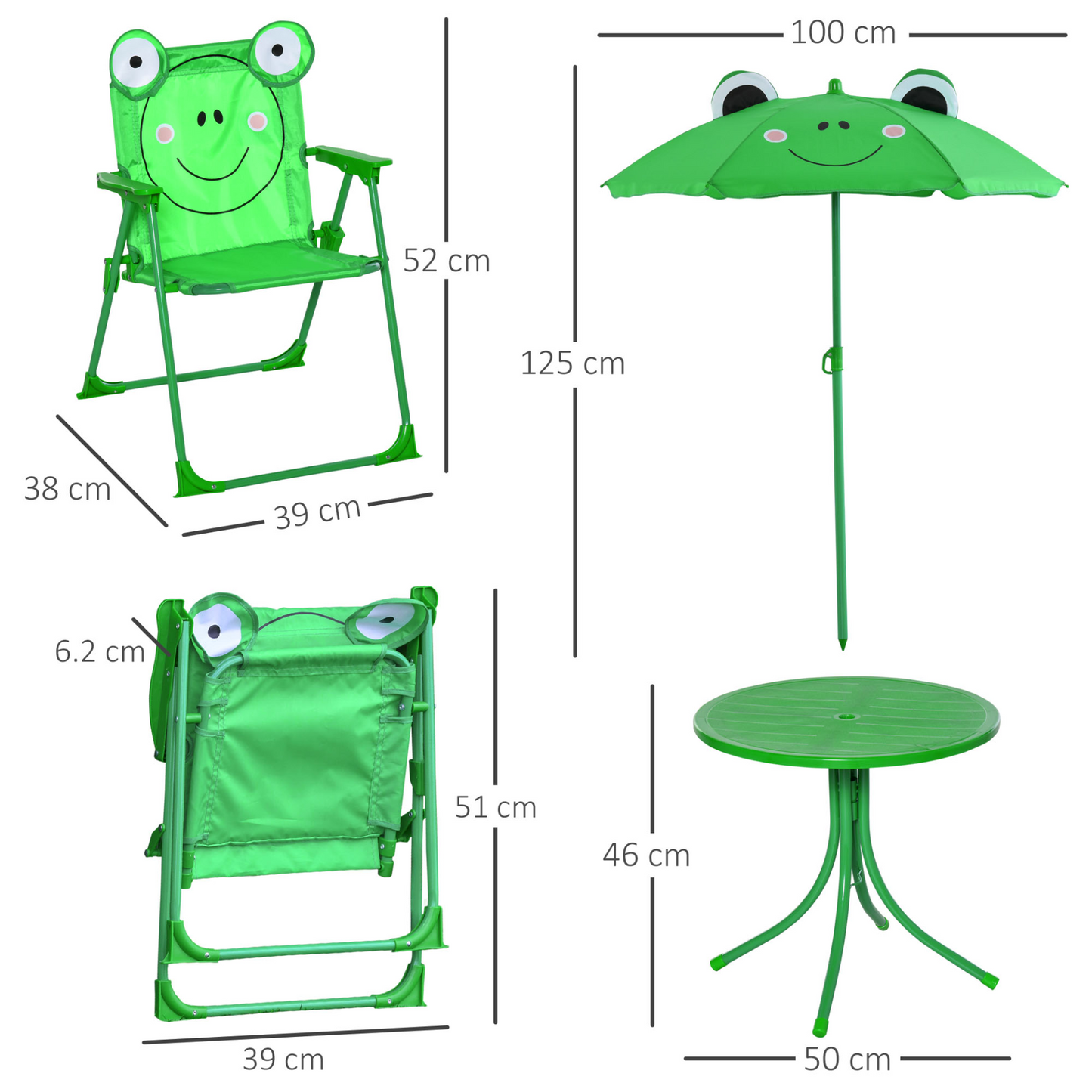 Outsunny Kids Folding Picnic Table and Chair Set with Frog Pattern & Sun Umbrella, Green MyLibelula