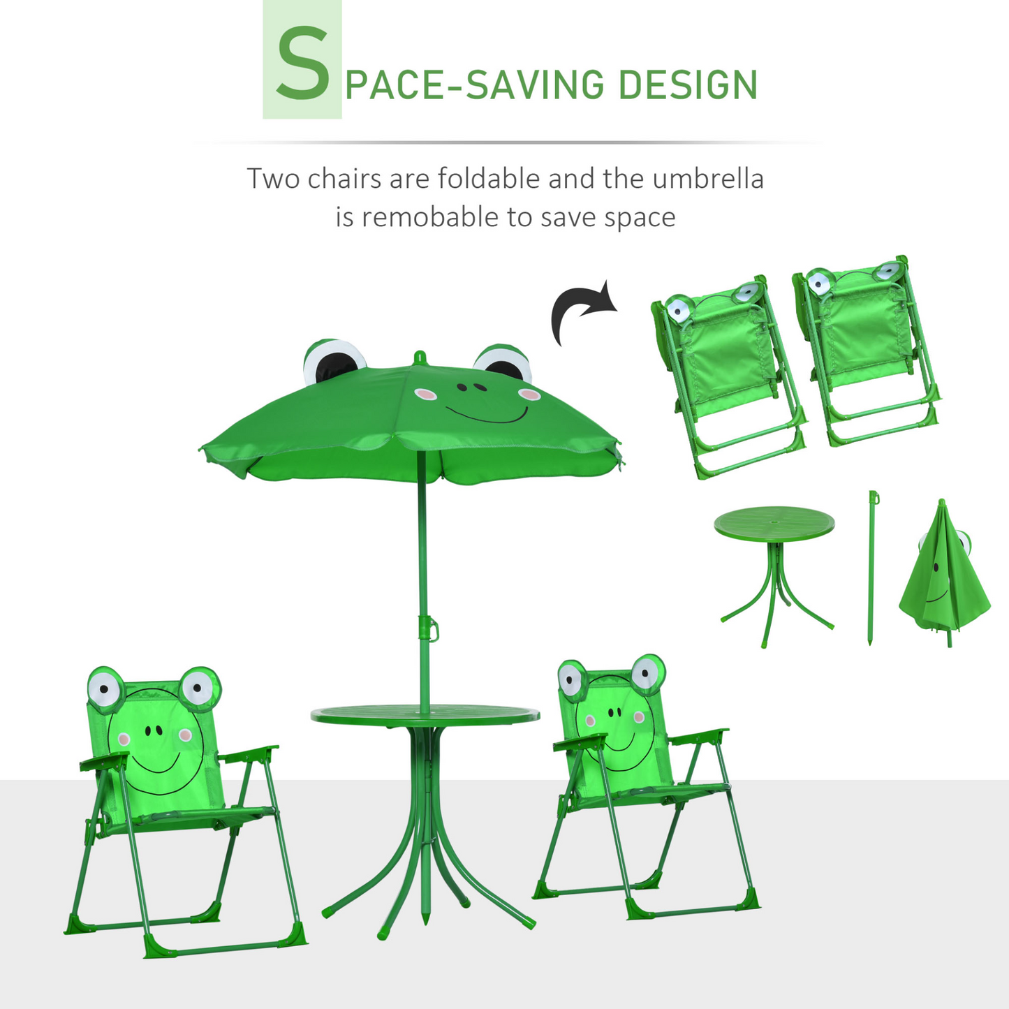 Outsunny Kids Folding Picnic Table and Chair Set with Frog Pattern & Sun Umbrella, Green MyLibelula