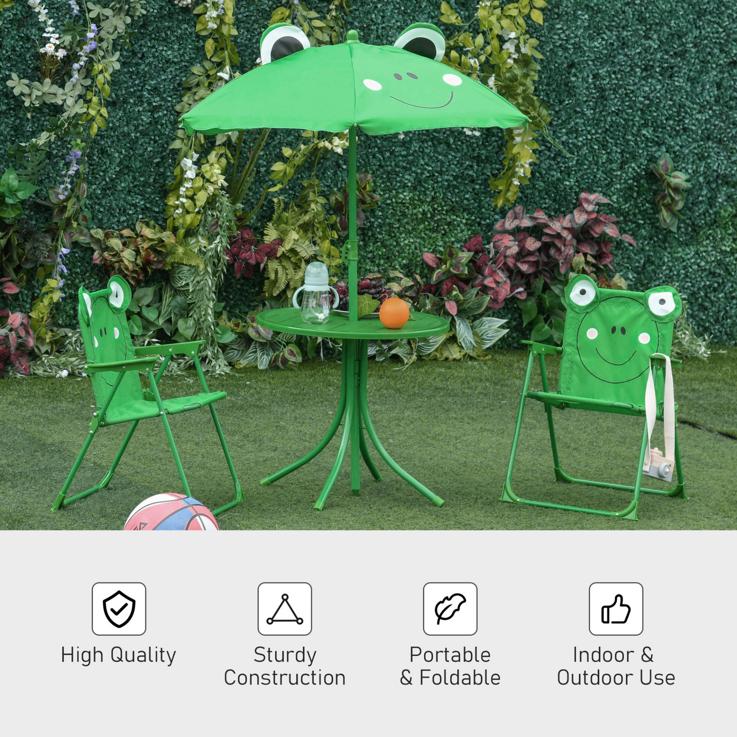 Outsunny Kids Folding Picnic Table and Chair Set with Frog Pattern & Sun Umbrella, Green MyLibelula