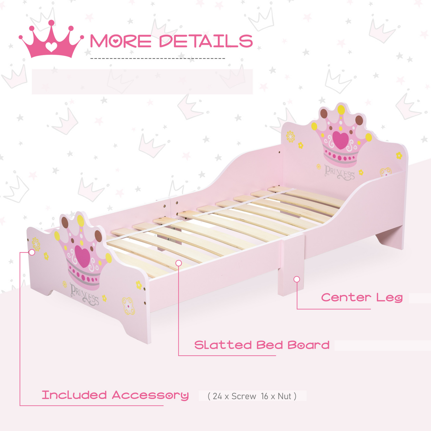 HOMCOM Kids Toddler Bed Princess Crown Theme with Safety Side Rails - Pink, 143 x 73 x 60 cm | Perfect for Boys & Girls Aged 3-6 Years MyLibelula