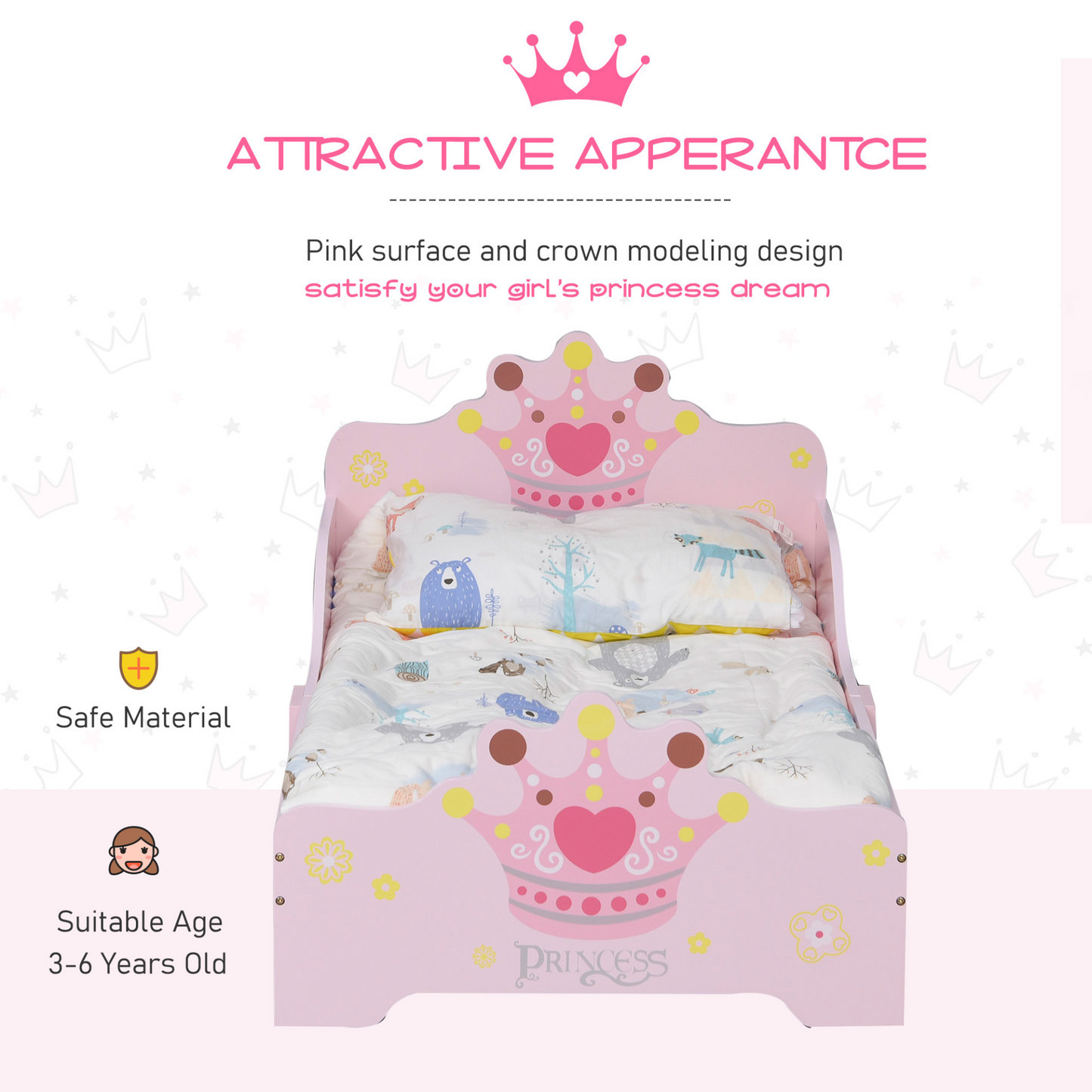 HOMCOM Kids Toddler Bed Princess Crown Theme with Safety Side Rails - Pink, 143 x 73 x 60 cm | Perfect for Boys & Girls Aged 3-6 Years MyLibelula