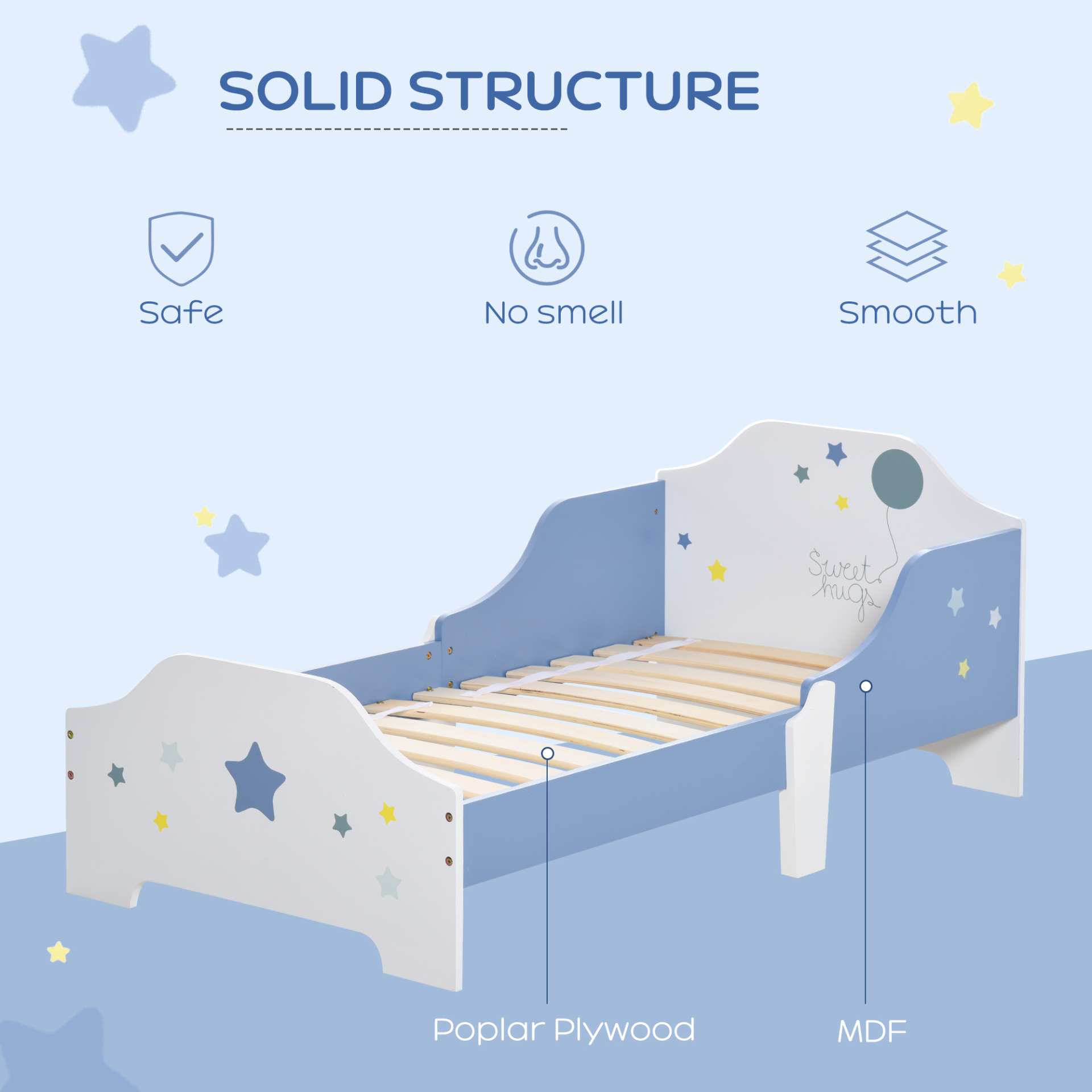 HOMCOM Kids Star & Balloon Single Bed Frame with Safe Guardrails – Blue Bedroom Furniture for Dreams MyLibelula