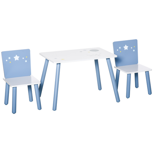 HOMCOM 3 Pcs Kids Table & Chairs Set - Safe Corners, Cute Stars, Pine Wood Legs - Perfect for Playroom, Bedroom, Dining Room - Blue MyLibelula