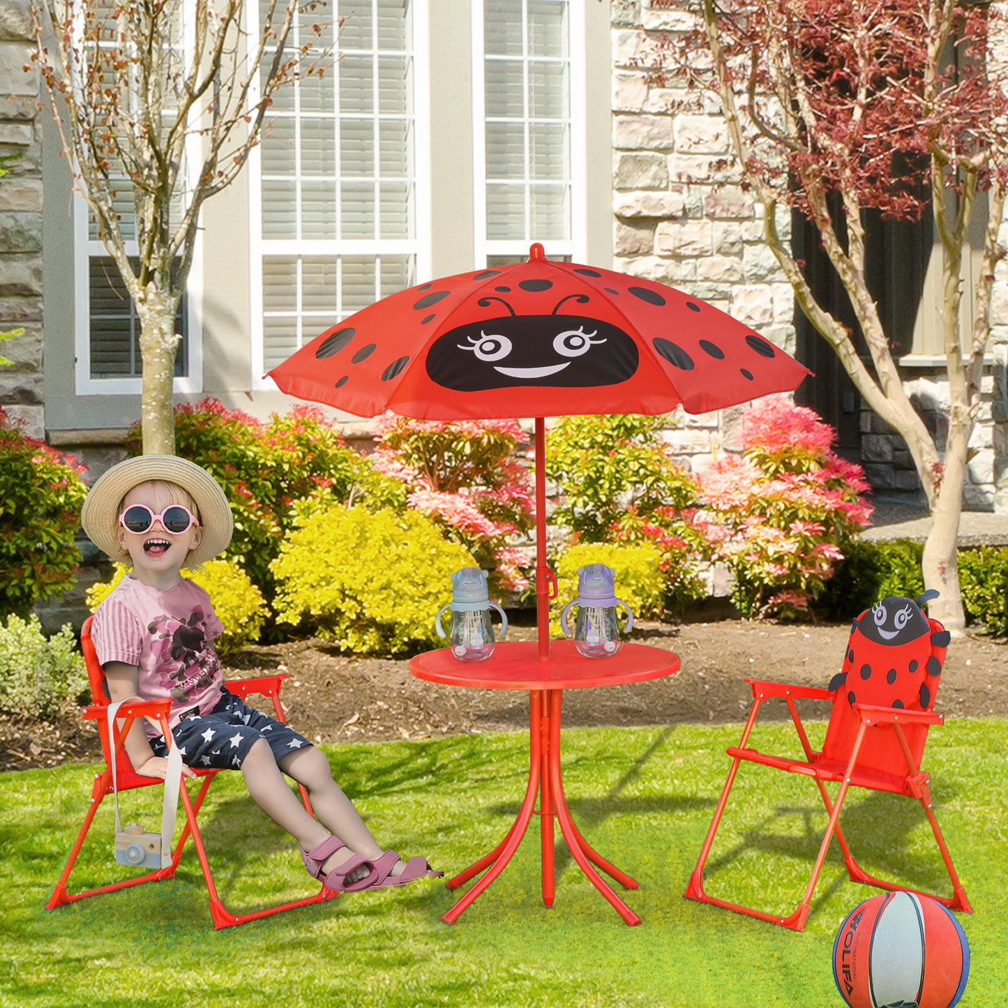 Outsunny Kids Outdoor Bistro Table and Chair Set with Ladybird Pattern and Adjustable Parasol for Garden, Patio, and Backyard MyLibelula