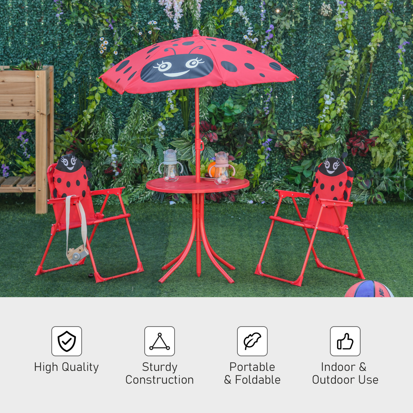 Outsunny Kids Outdoor Bistro Table and Chair Set with Ladybird Pattern and Adjustable Parasol for Garden, Patio, and Backyard MyLibelula