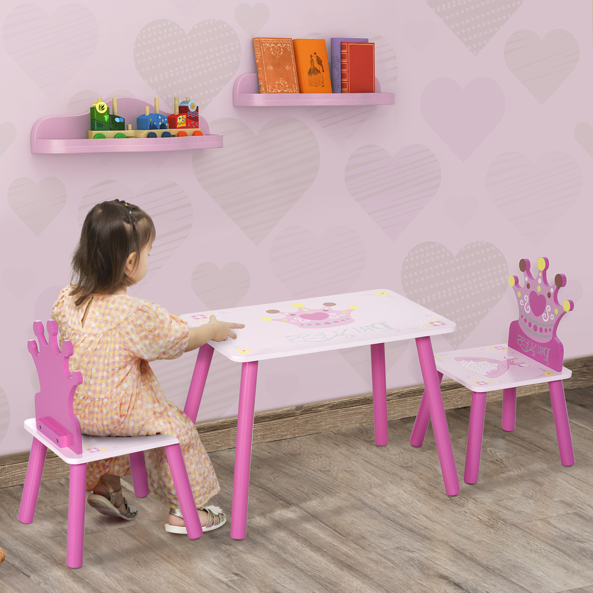 HOMCOM 3 Pcs Kids Table and Chair Set - Princess & Crown Theme | Perfect Gift for Girls Aged 2-4 | Pink MyLibelula