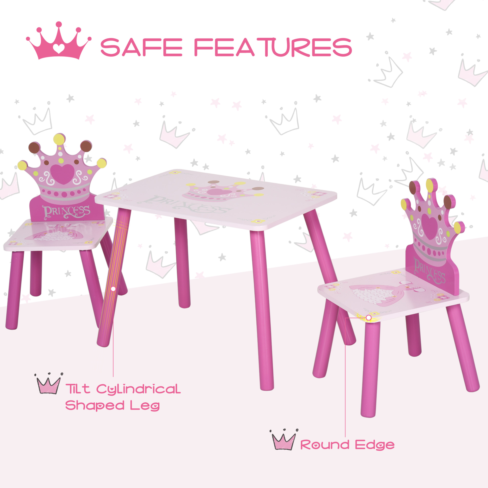 HOMCOM 3 Pcs Kids Table and Chair Set - Princess & Crown Theme | Perfect Gift for Girls Aged 2-4 | Pink MyLibelula