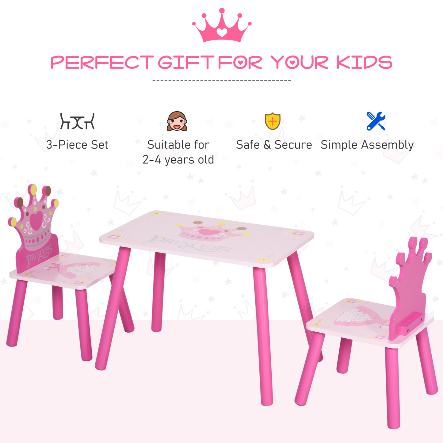 HOMCOM 3 Pcs Kids Table and Chair Set - Princess & Crown Theme | Perfect Gift for Girls Aged 2-4 | Pink MyLibelula