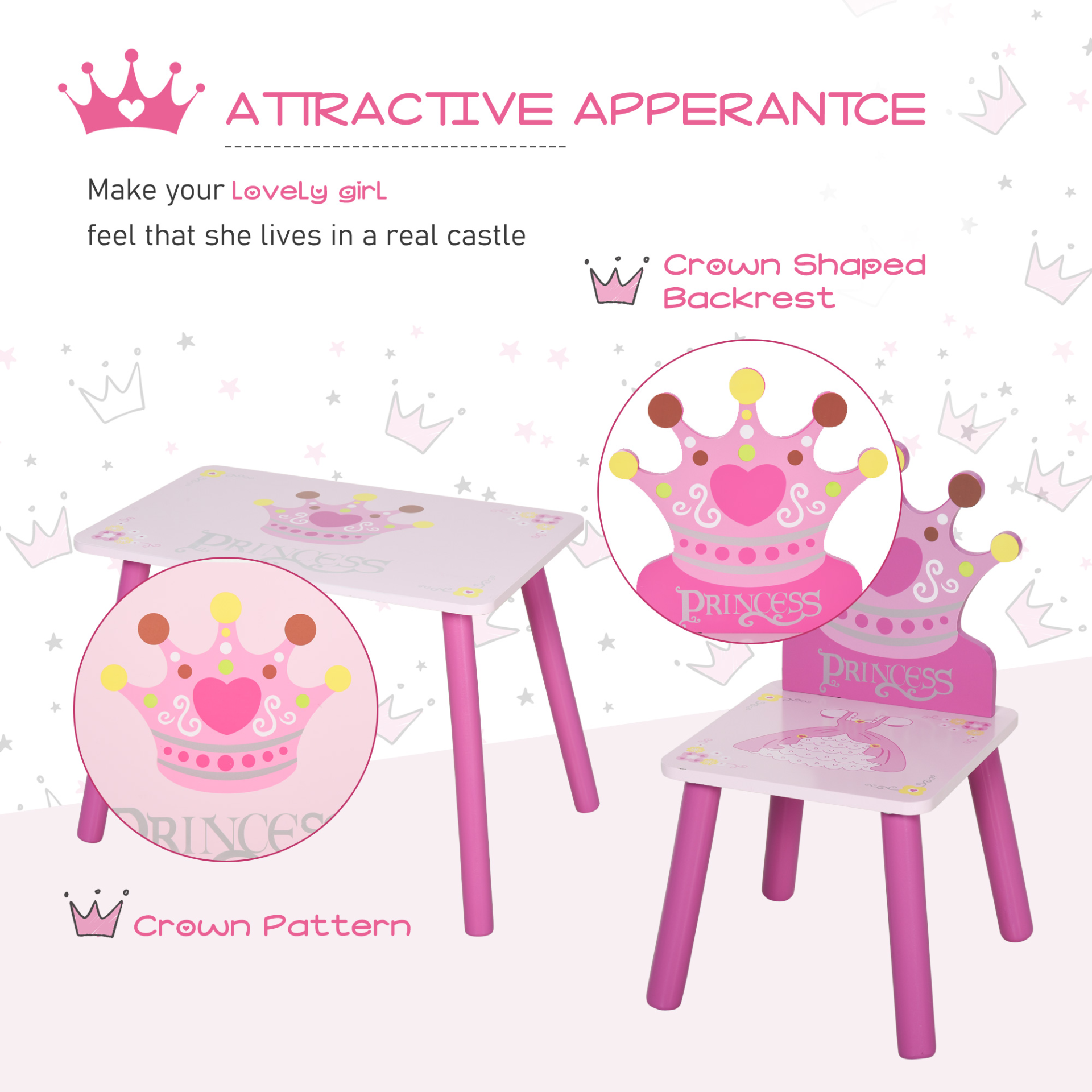 HOMCOM 3 Pcs Kids Table and Chair Set - Princess & Crown Theme | Perfect Gift for Girls Aged 2-4 | Pink MyLibelula