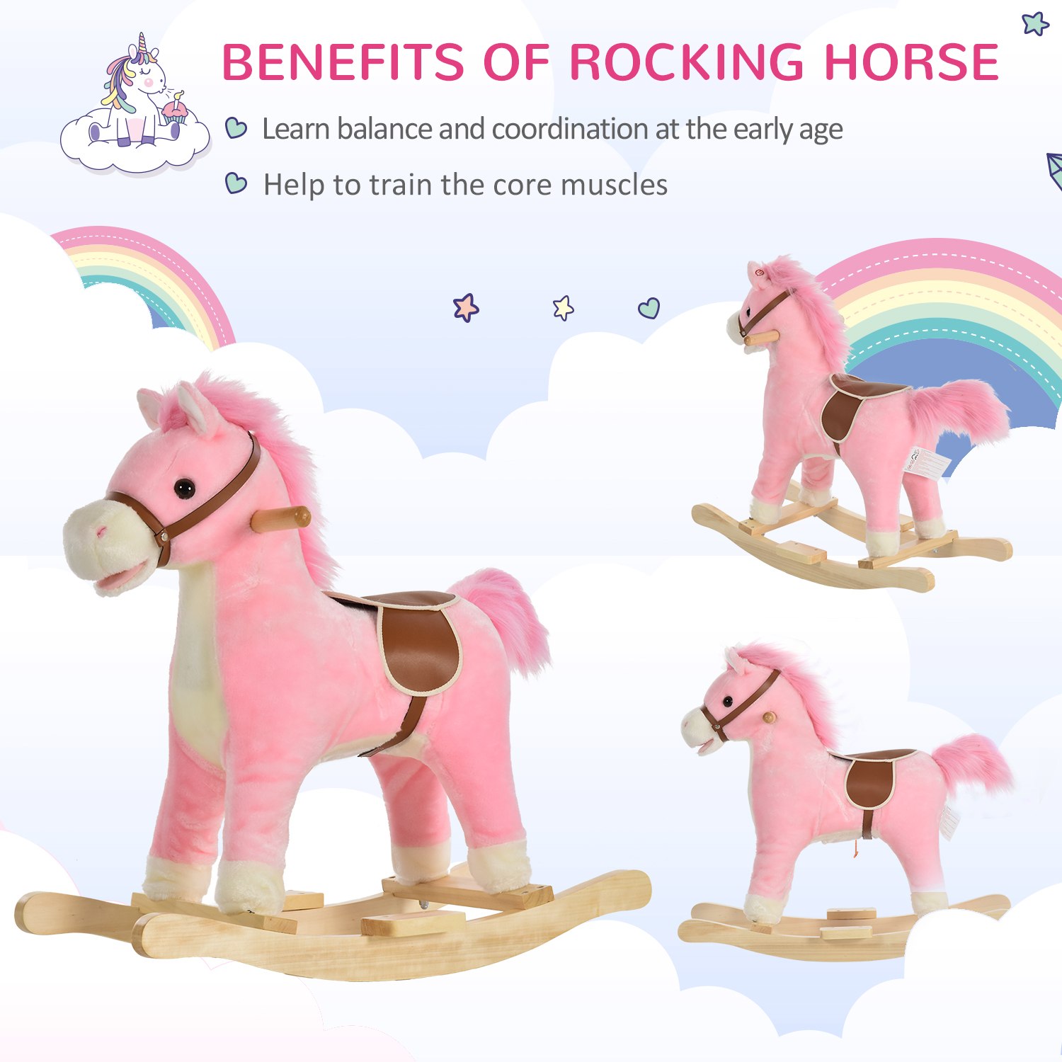 HOMCOM Kids Plush Rocking Horse with Sound, Moving Mouth & Wagging Tail - Pink Ride On Toy for Ages 36-72 Months MyLibelula