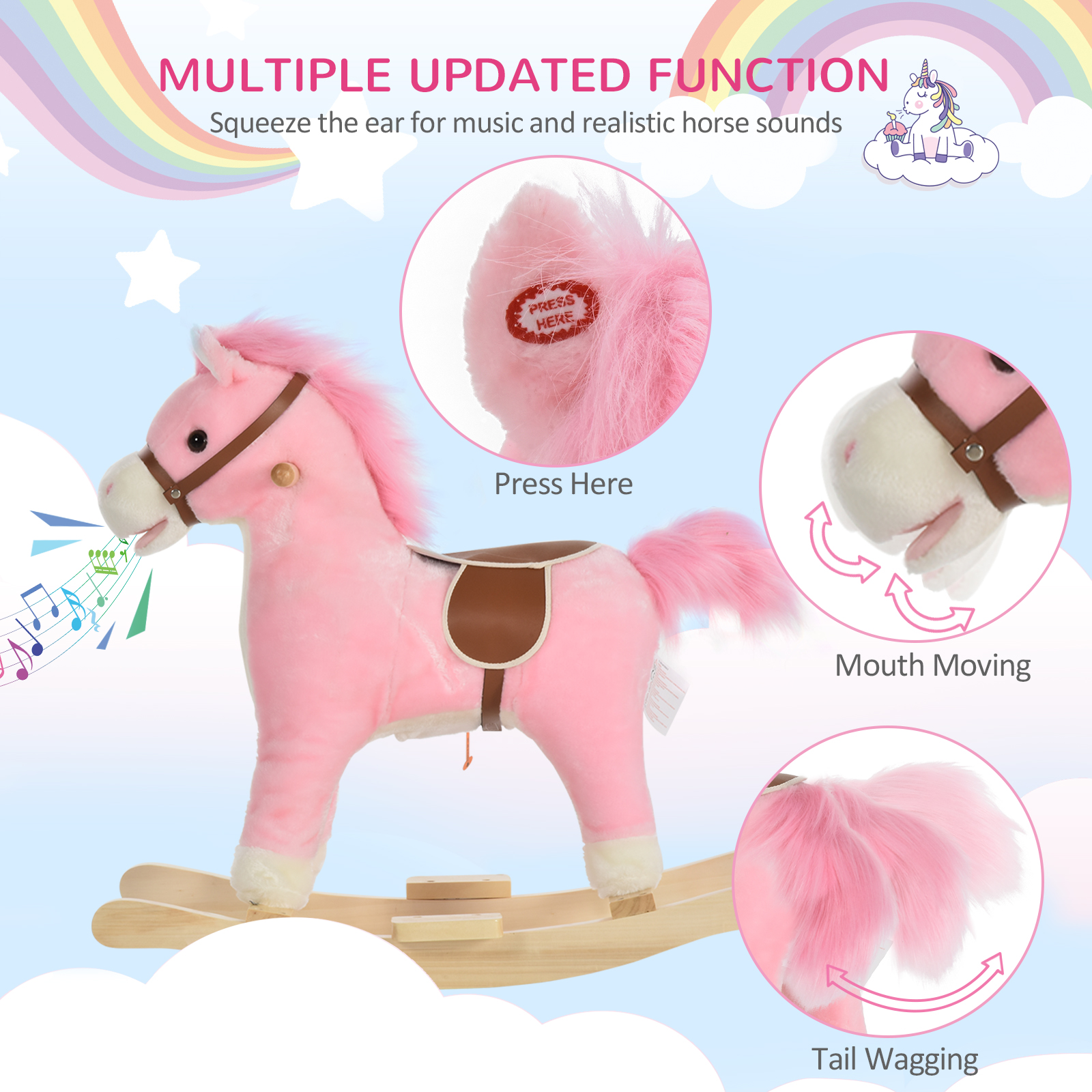 HOMCOM Kids Plush Rocking Horse with Sound, Moving Mouth & Wagging Tail - Pink Ride On Toy for Ages 36-72 Months MyLibelula