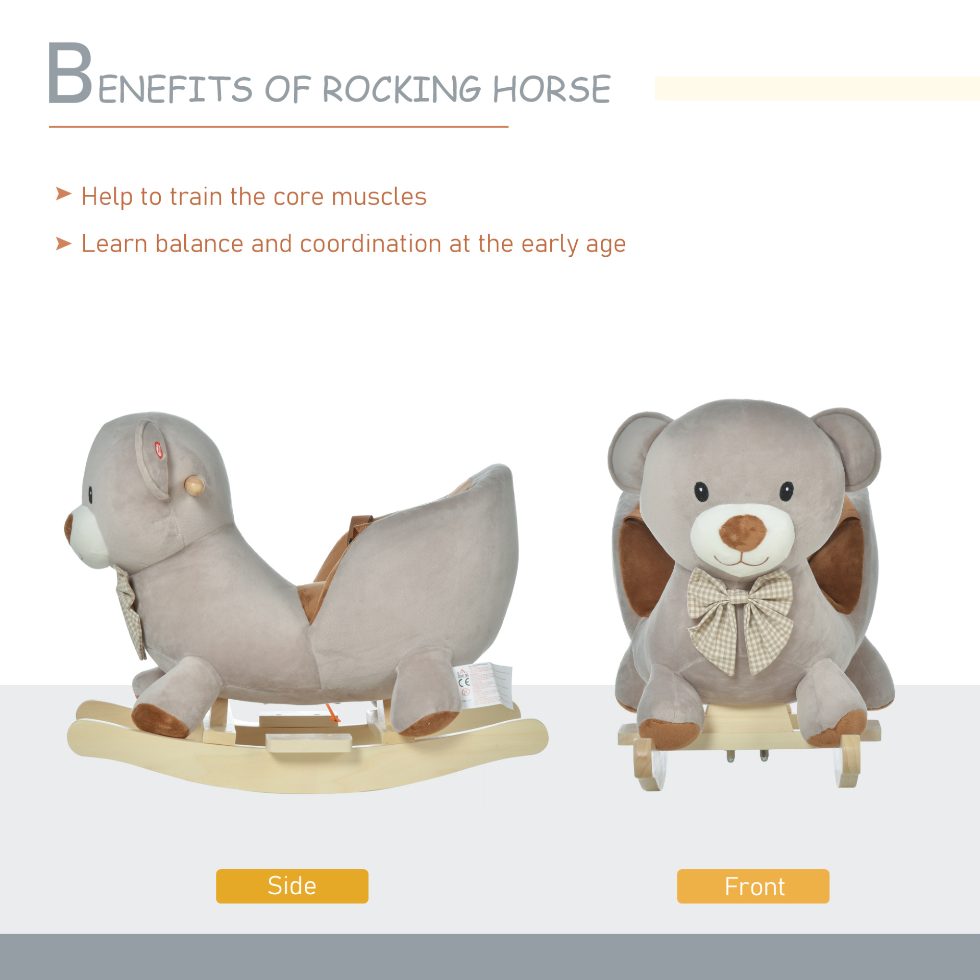 HOMCOM Kids Rocking Horse Bear Seat with Sound & Safety Belt, Plush Grey Ride-On Toy MyLibelula