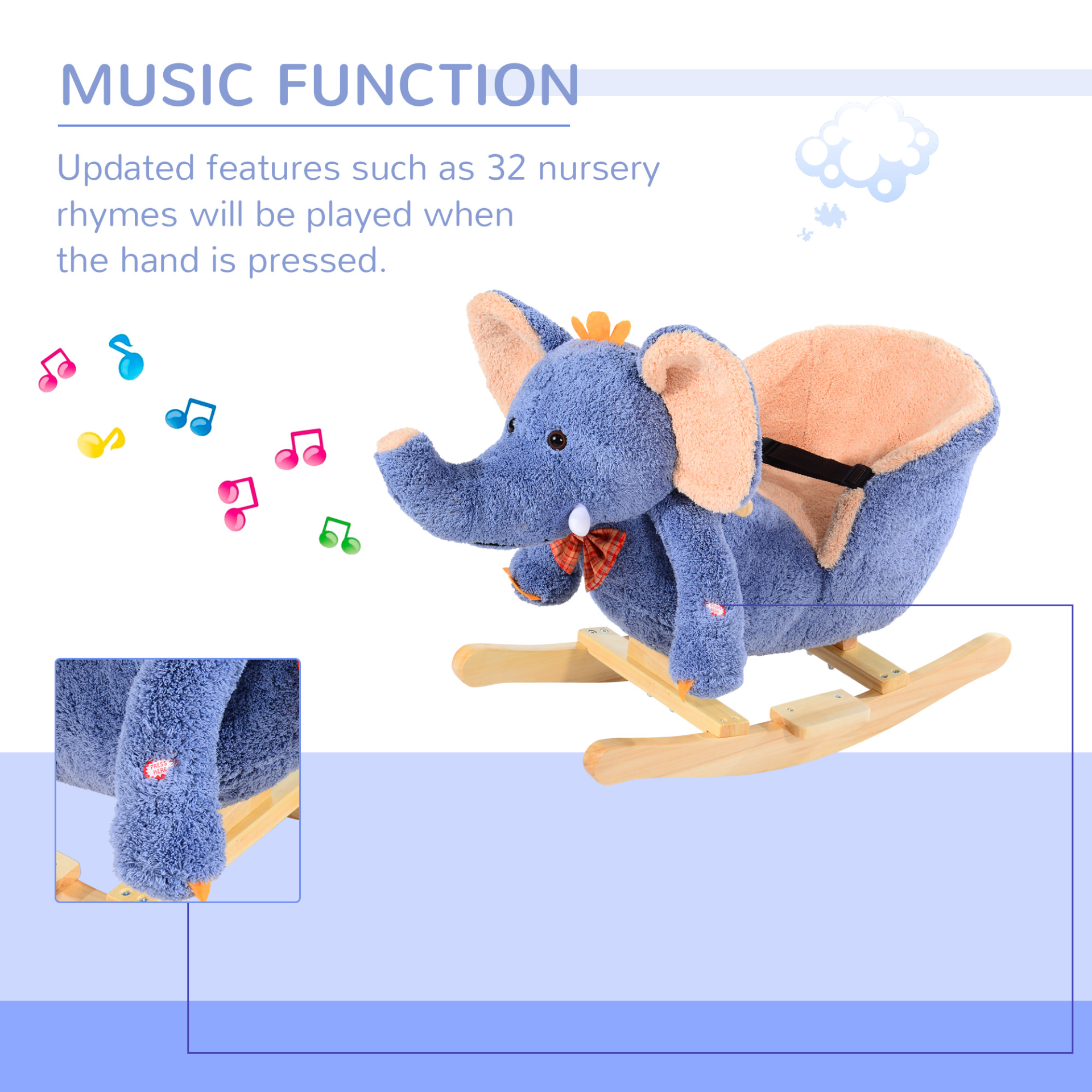 HOMCOM Plush Elephant Rocking Horse Toy with Sound – Ideal Baby & Toddler Gift, Blue MyLibelula