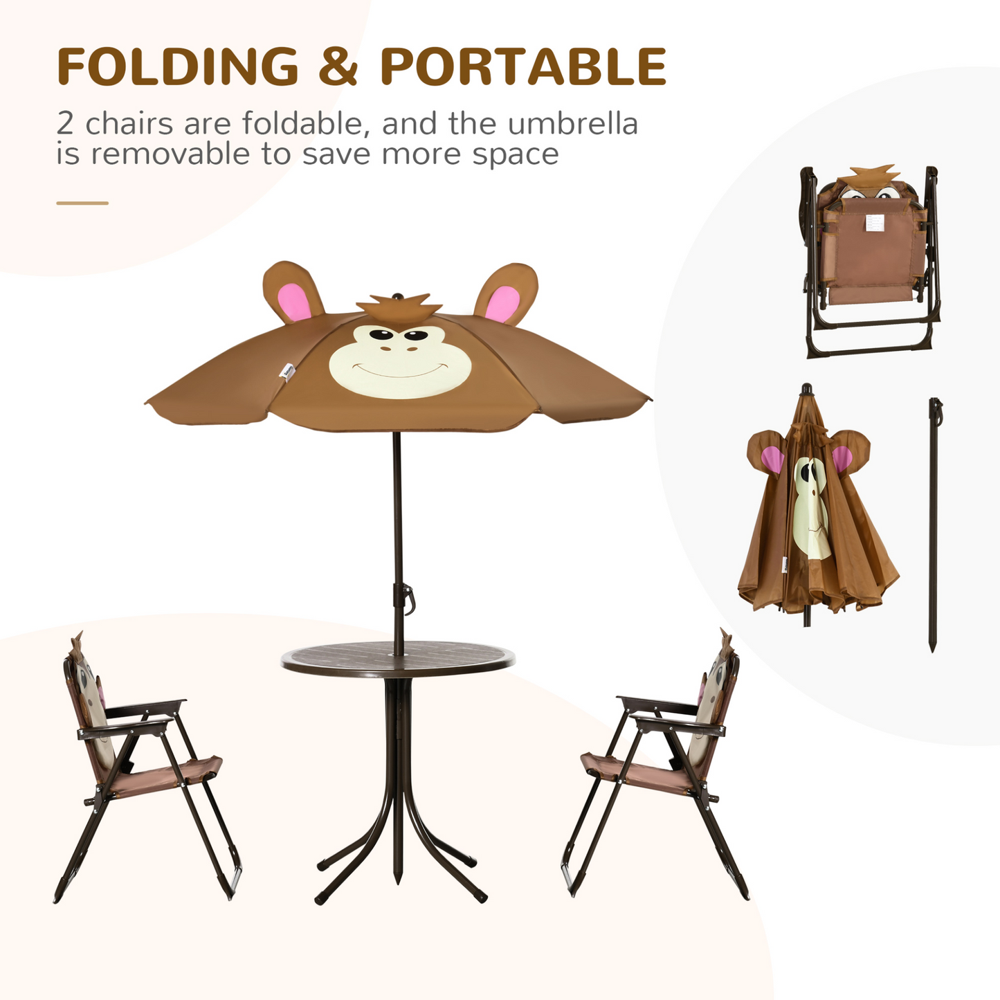 Outsunny Kids Bistro Table and Chair Set with Monkey Design and Adjustable Sun Umbrella, Ideal Outdoor Folding Garden Furniture for Children Ages 3-6 - Brown MyLibelula