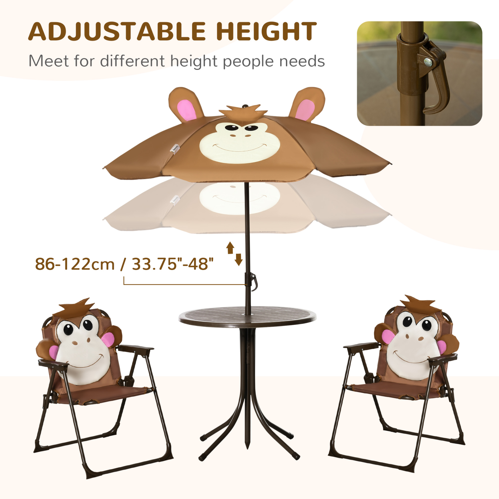 Outsunny Kids Bistro Table and Chair Set with Monkey Design and Adjustable Sun Umbrella, Ideal Outdoor Folding Garden Furniture for Children Ages 3-6 - Brown MyLibelula