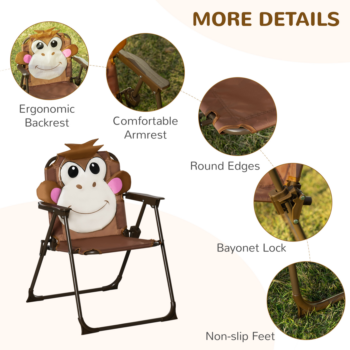 Outsunny Kids Bistro Table and Chair Set with Monkey Design and Adjustable Sun Umbrella, Ideal Outdoor Folding Garden Furniture for Children Ages 3-6 - Brown MyLibelula