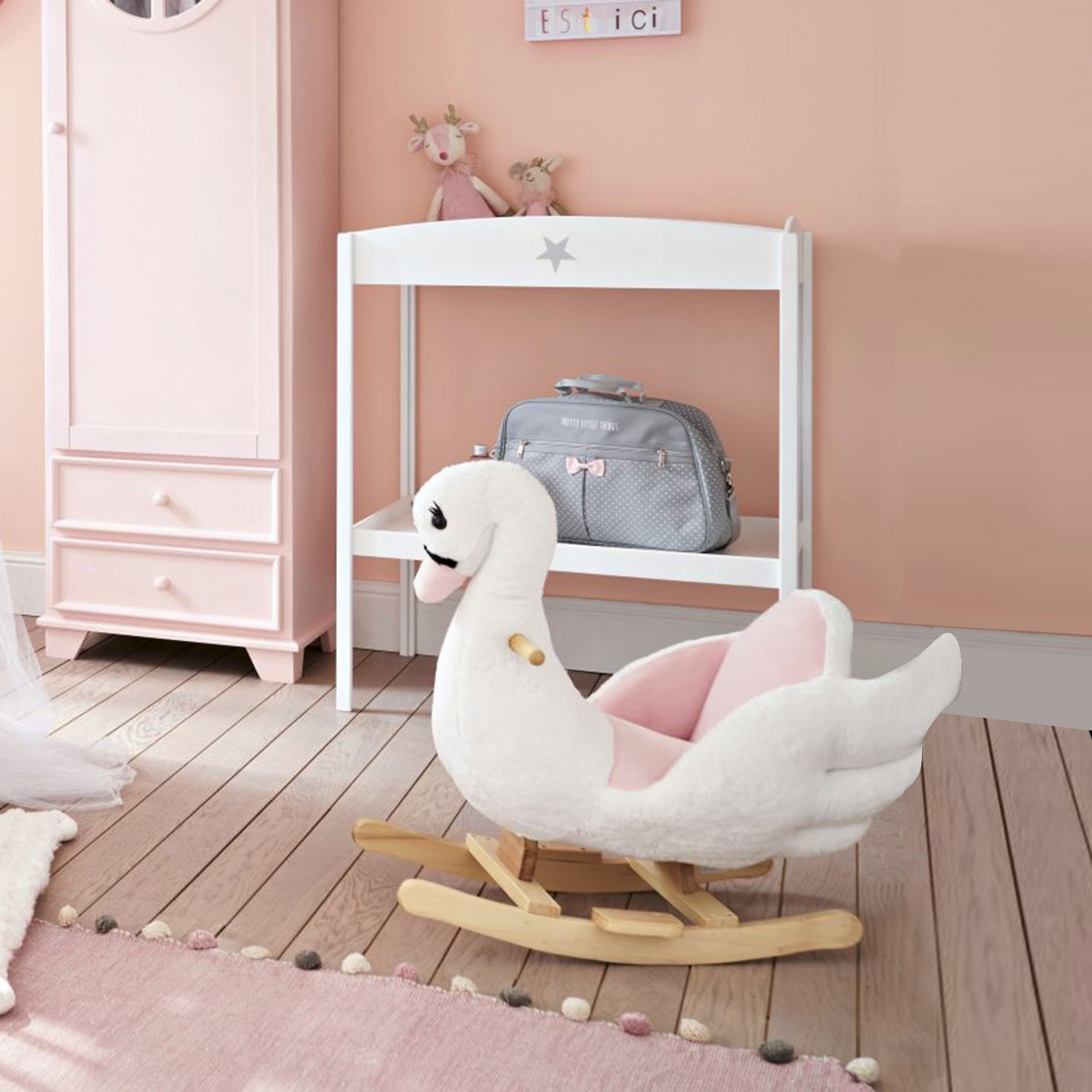 HOMCOM Kids Rocking Horse Plush Swan Toy with Safety Seat for Toddlers 18 Months+, White and Pink MyLibelula