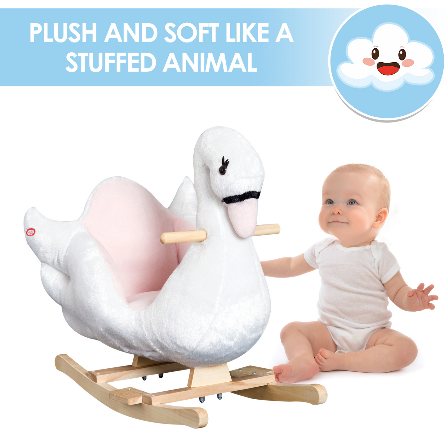 HOMCOM Kids Rocking Horse Plush Swan Toy with Safety Seat for Toddlers 18 Months+, White and Pink MyLibelula