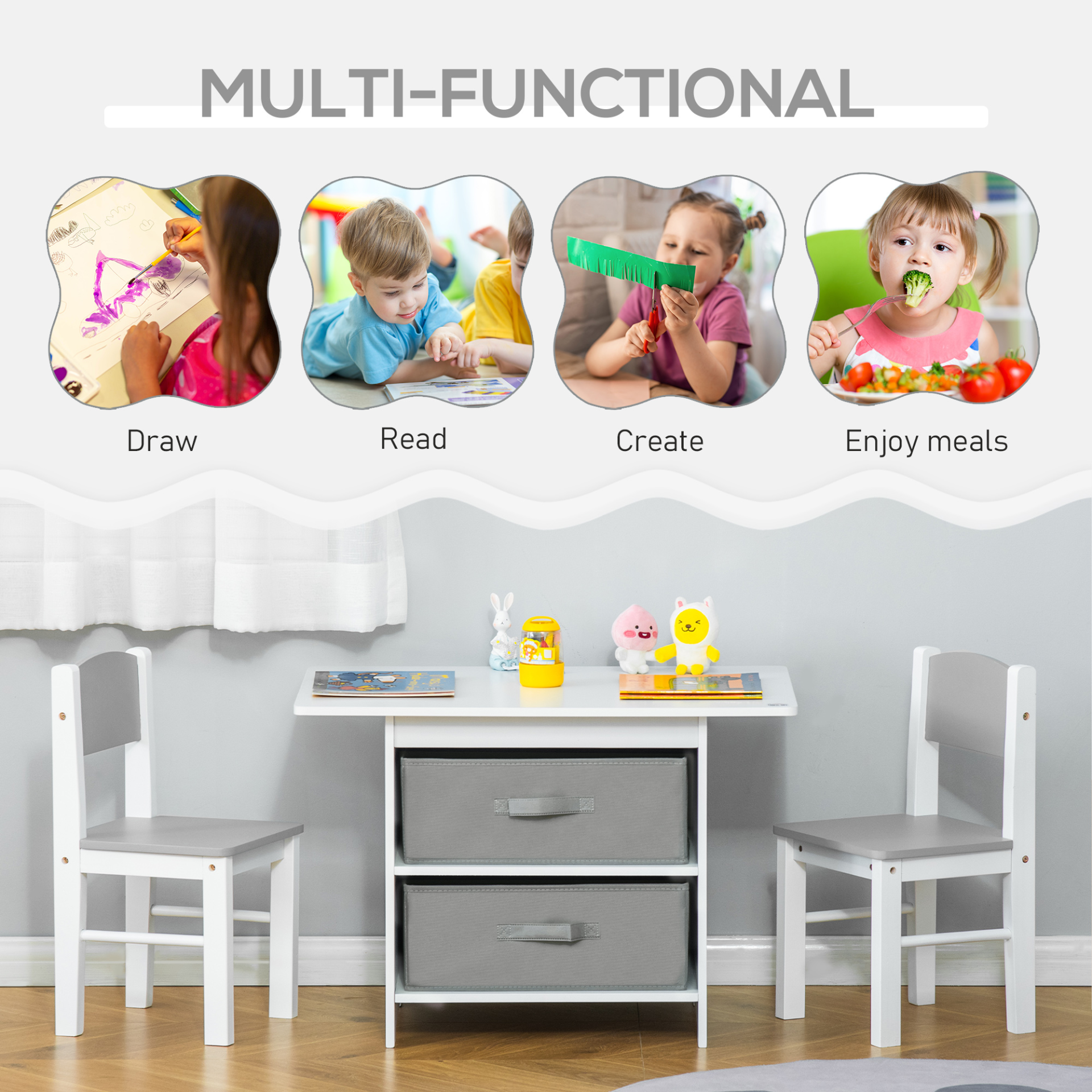 HOMCOM Kids Table & Chairs Set - 3 Pcs Mini Furniture w/ Storage Drawers | Safe Corners | Ideal for Playroom, Bedroom, Dining Room | Ages 2-4 | White MyLibelula