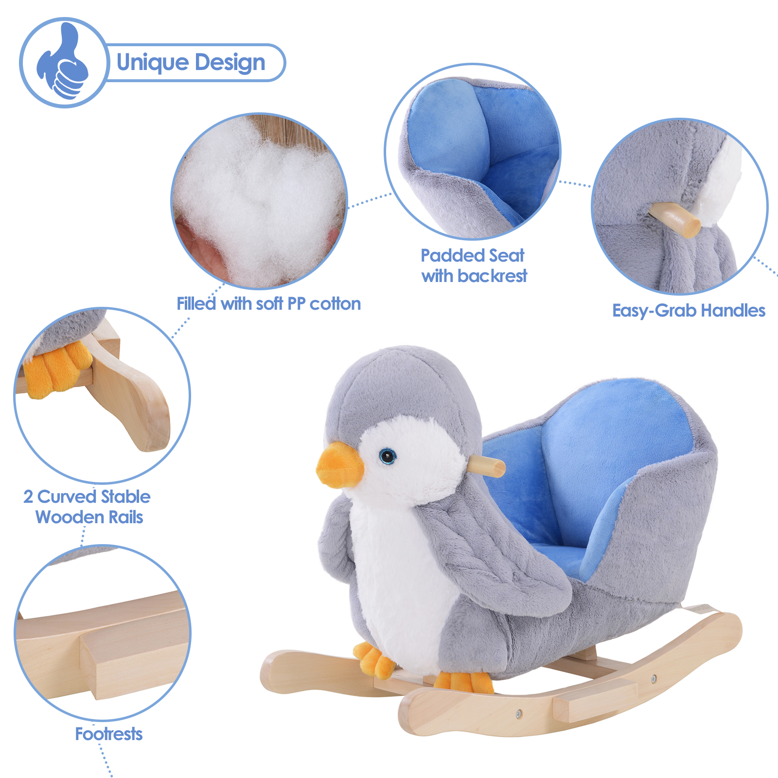 HOMCOM Kids Rocking Horse Penguin - Plush, Musical, 32 Songs - Toddler Rocker MyLibelula