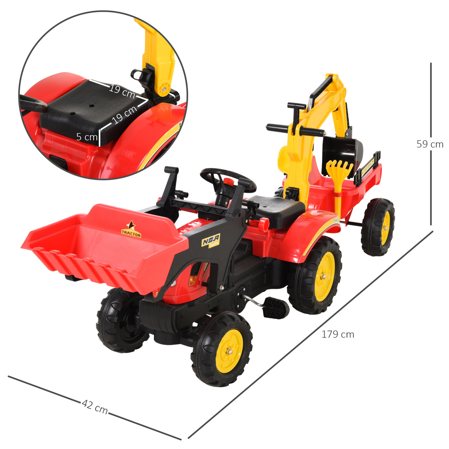 HOMCOM Kids Pedal Go Kart Ride On Toy Car Excavator Tractor with Moving Bucket and Steering Wheel - Ages 3-6 MyLibelula