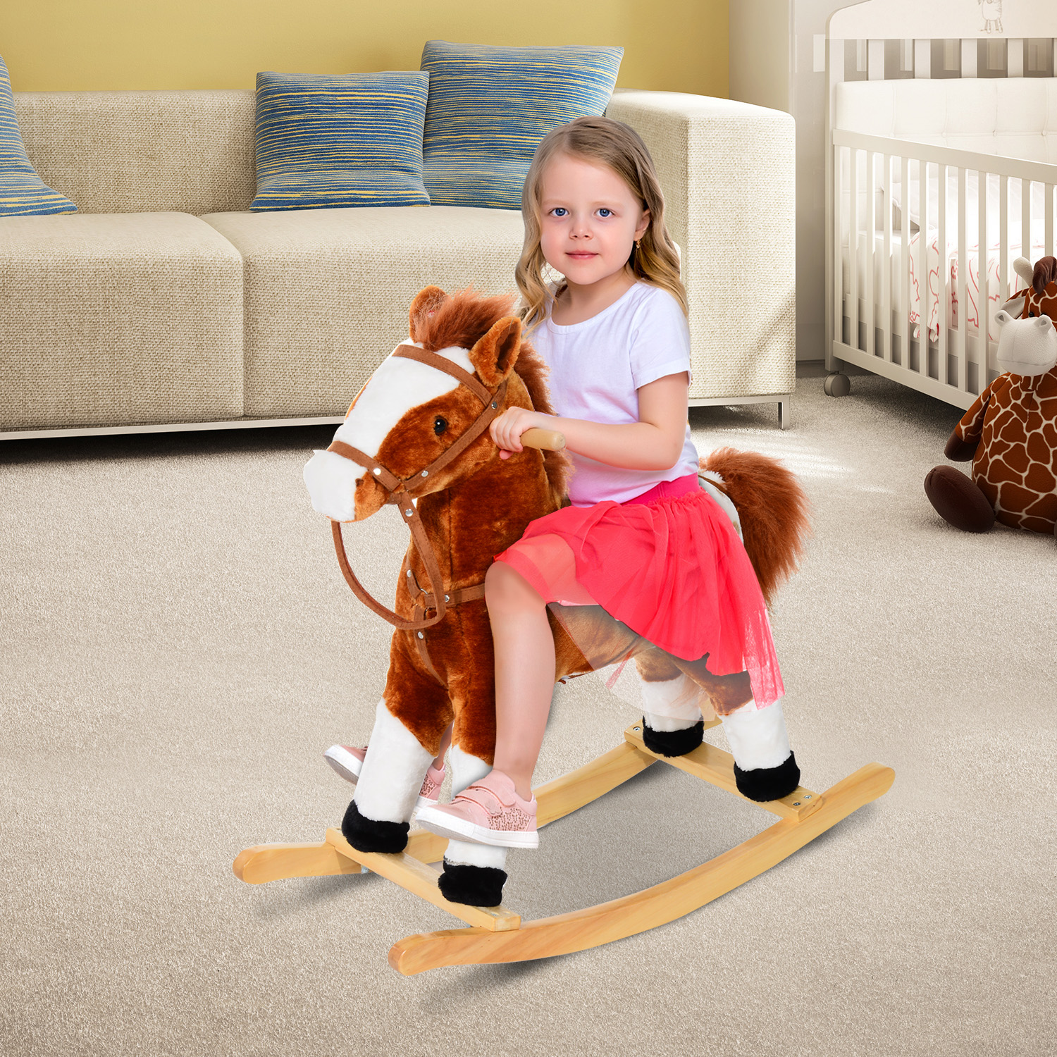 HOMCOM Children's Plush Rocking Horse with Handle Grip and Sound - Traditional Toy in Brown MyLibelula