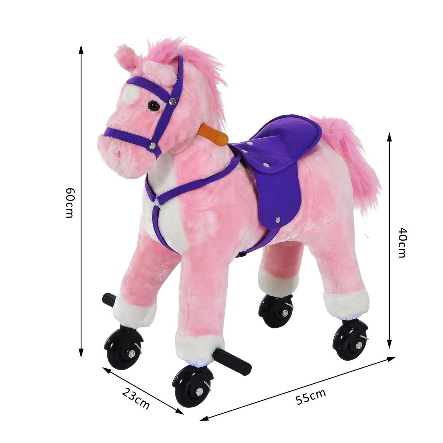 HOMCOM Wooden Action Pony Plush Toy - Wheeled Ride-On Horse with Sounds (Pink) MyLibelula