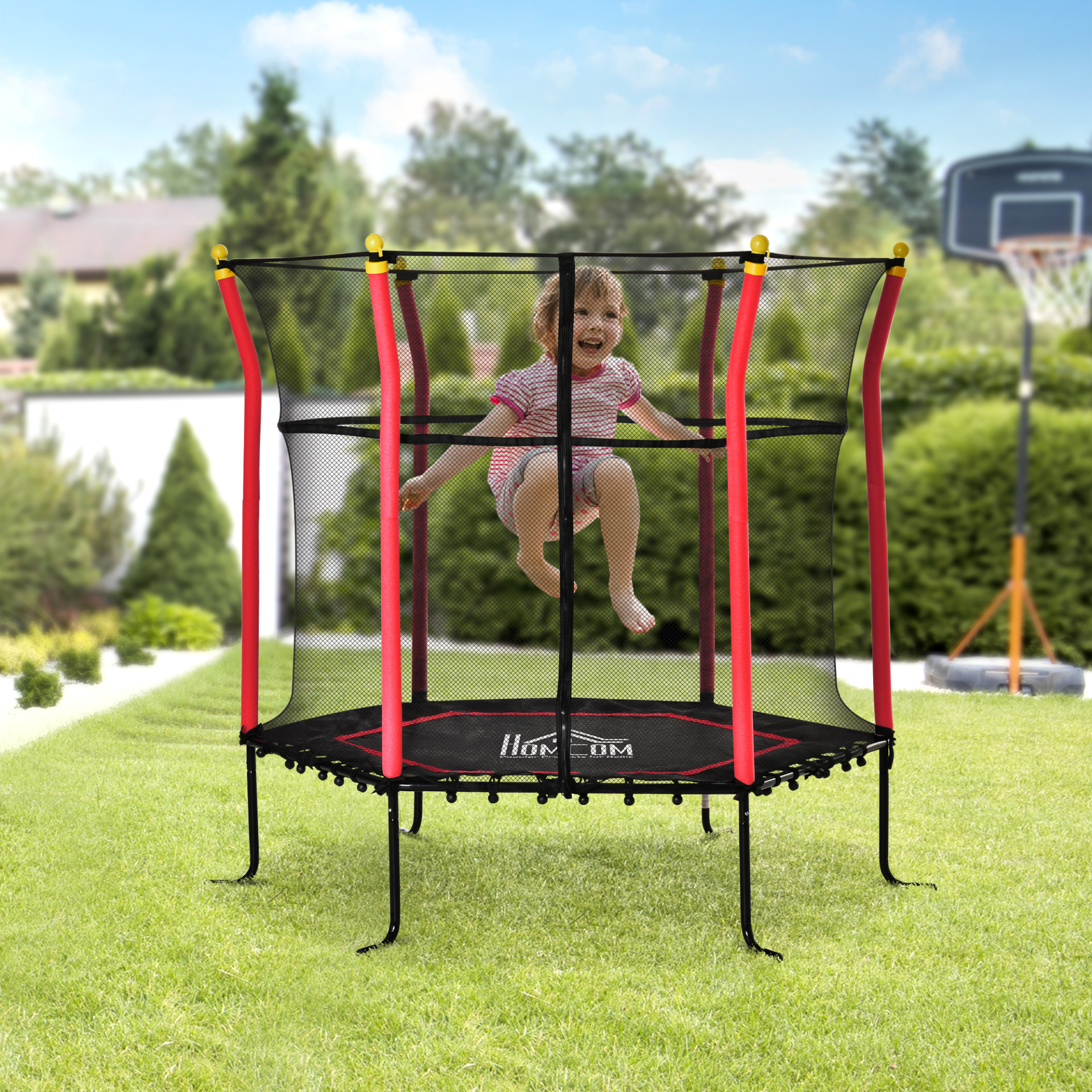 HOMCOM 63 Inch Kids Trampoline with Enclosure Net - Indoor & Outdoor Mini Trampoline for Ages 3-10, Red MyLibelula