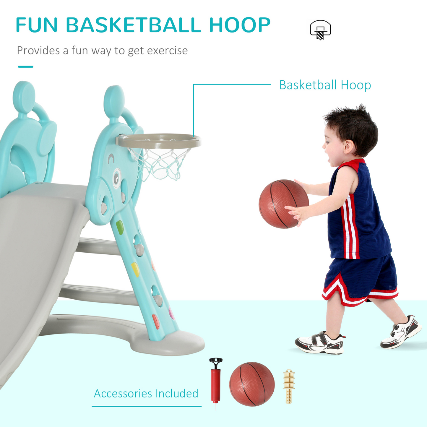 HOMCOM 2 in 1 Kids Slide with Basketball Hoop Toddler Playset for Indoor/Outdoor, Deer Shaped, Blue, 18 Months - 4 Years MyLibelula