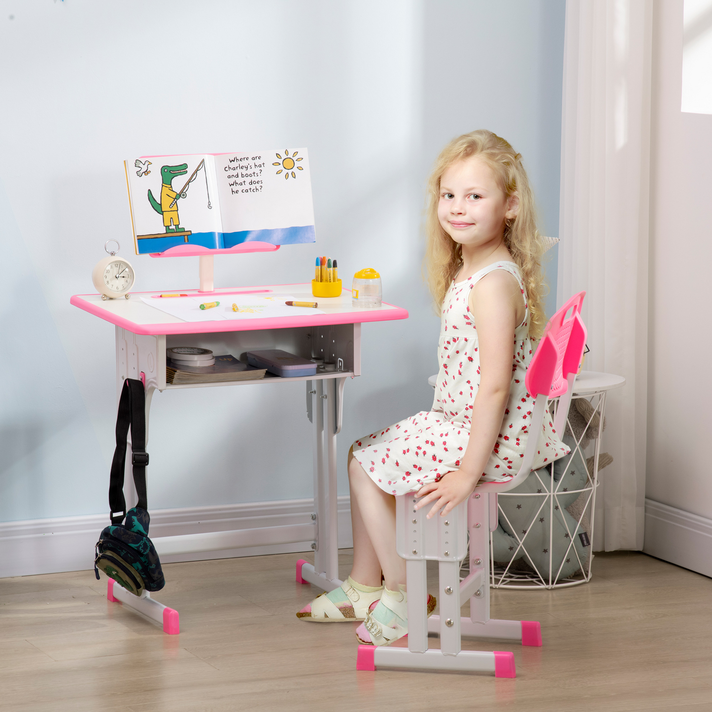 HOMCOM Kids Desk and Chair Set - Adjustable Height, Study Table with Storage - Pink MyLibelula