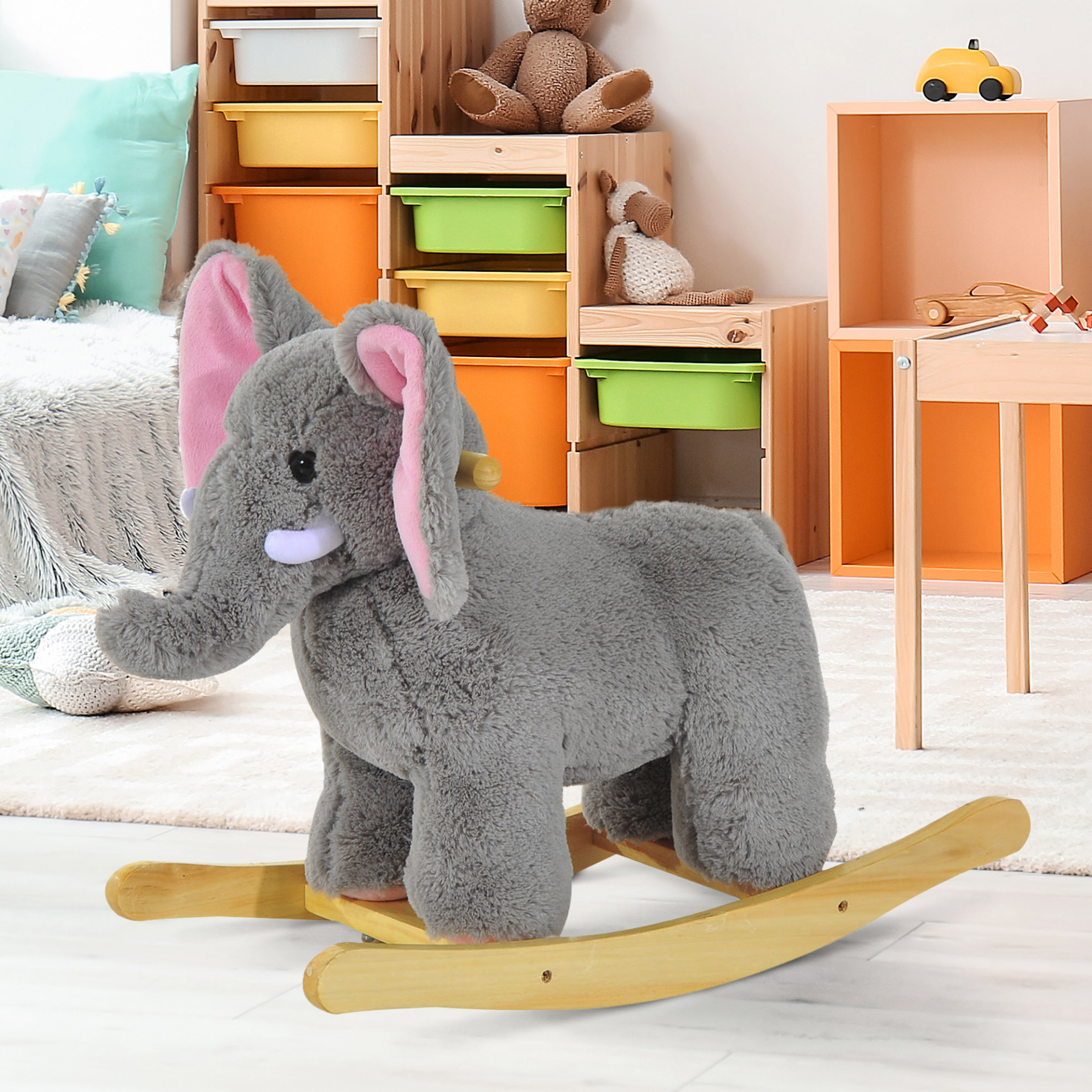 HOMCOM Kids Rocking Horse Plush Ride-on Grey Elephant with 32 Nursery Rhymes - Soft & Safe Traditional Wooden Rocker MyLibelula