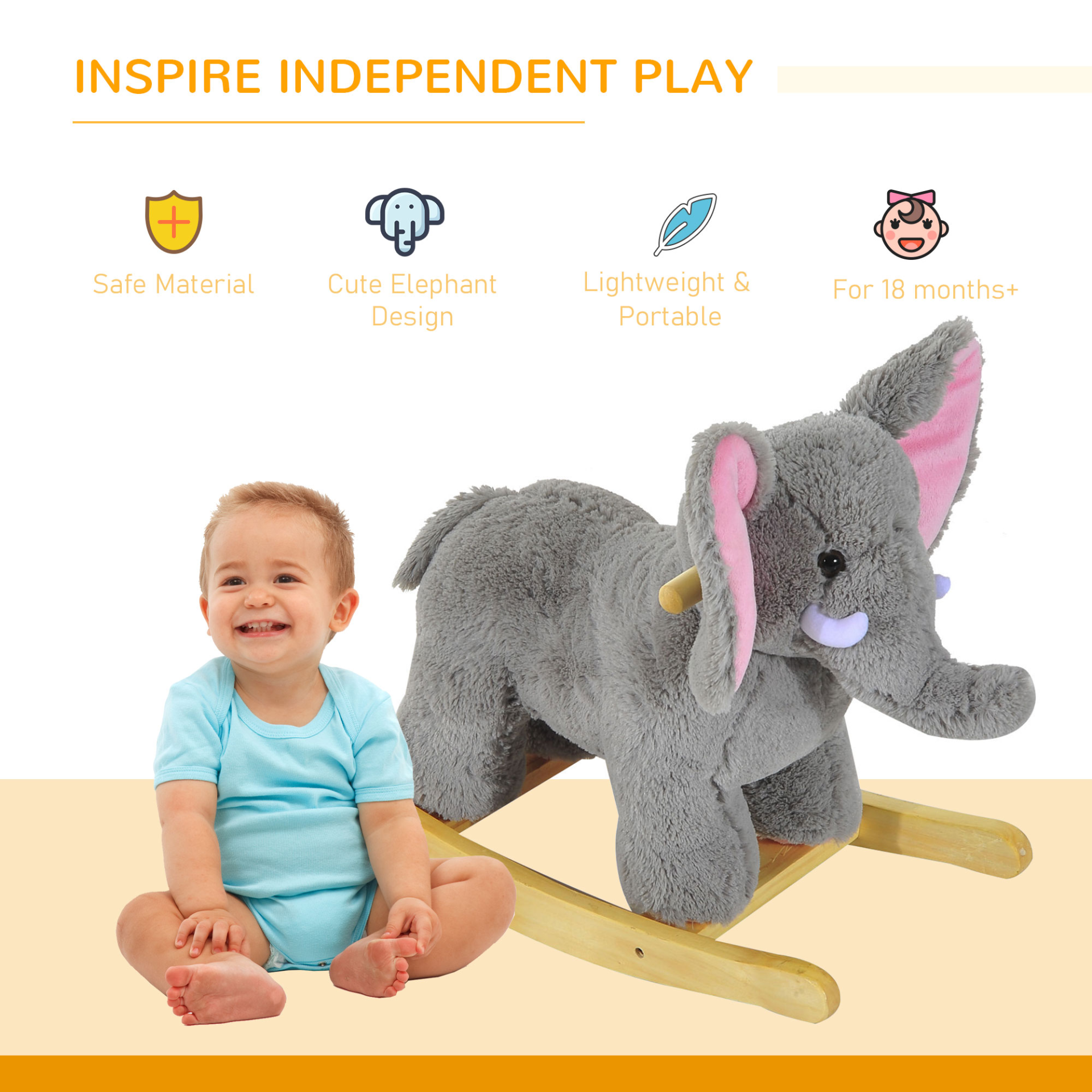 HOMCOM Kids Rocking Horse Plush Ride-on Grey Elephant with 32 Nursery Rhymes - Soft & Safe Traditional Wooden Rocker MyLibelula