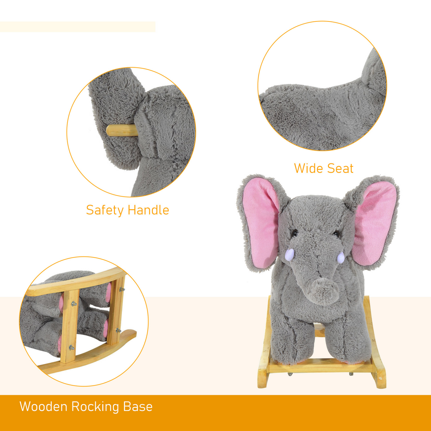 HOMCOM Kids Rocking Horse Plush Ride-on Grey Elephant with 32 Nursery Rhymes - Soft & Safe Traditional Wooden Rocker MyLibelula