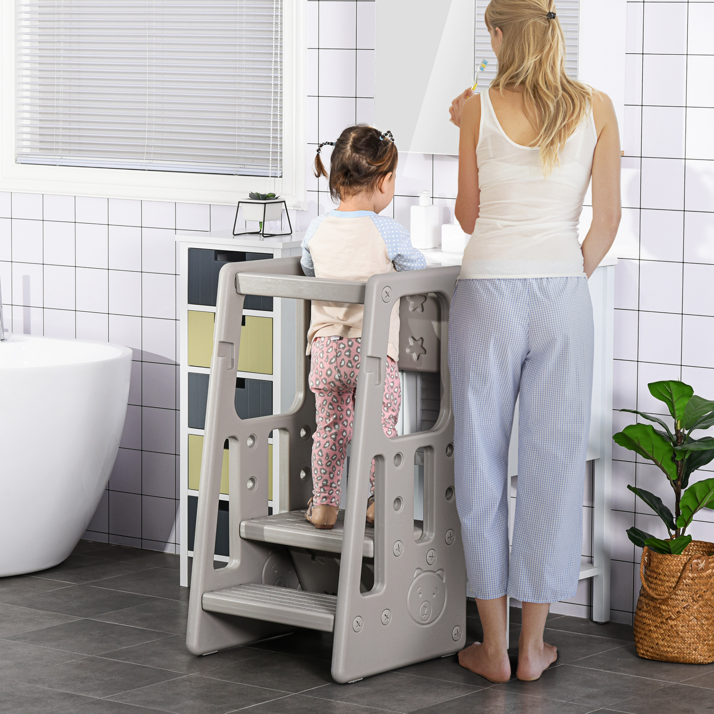 HOMCOM Kids Step Stool Adjustable Standing Platform Toddler Kitchen Stool - Grey | 3 Adjustable Heights | Safe & Sturdy Design MyLibelula