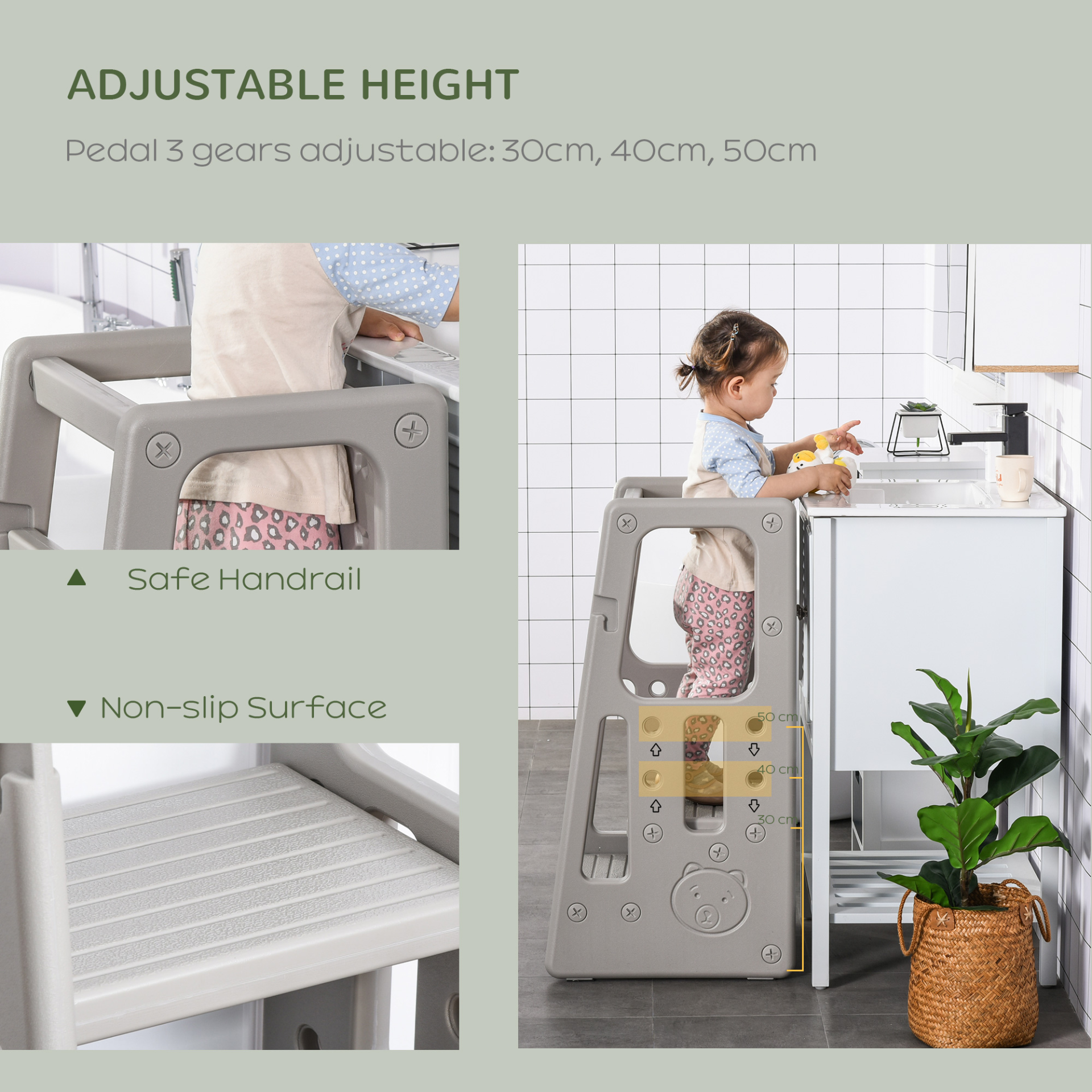 HOMCOM Kids Step Stool Adjustable Standing Platform Toddler Kitchen Stool - Grey | 3 Adjustable Heights | Safe & Sturdy Design MyLibelula