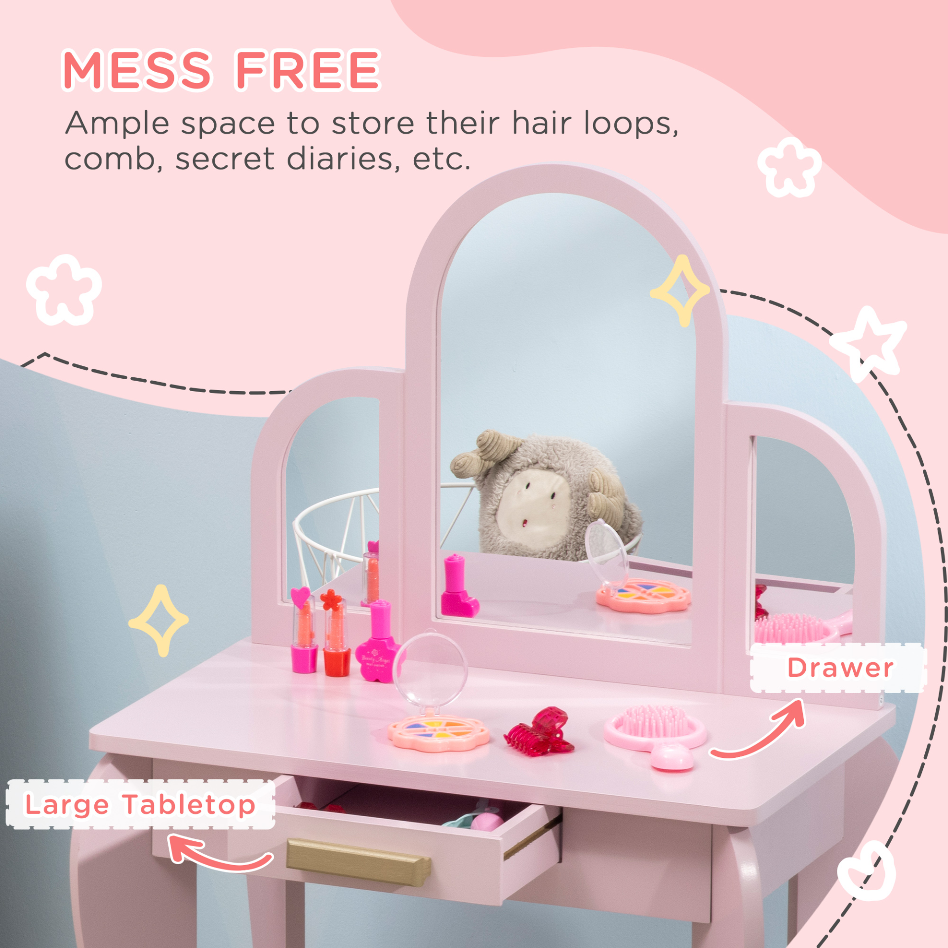 HOMCOM Kids Dressing Table Set - Pink Vanity with Mirror & Stool for Ages 3-6 MyLibelula