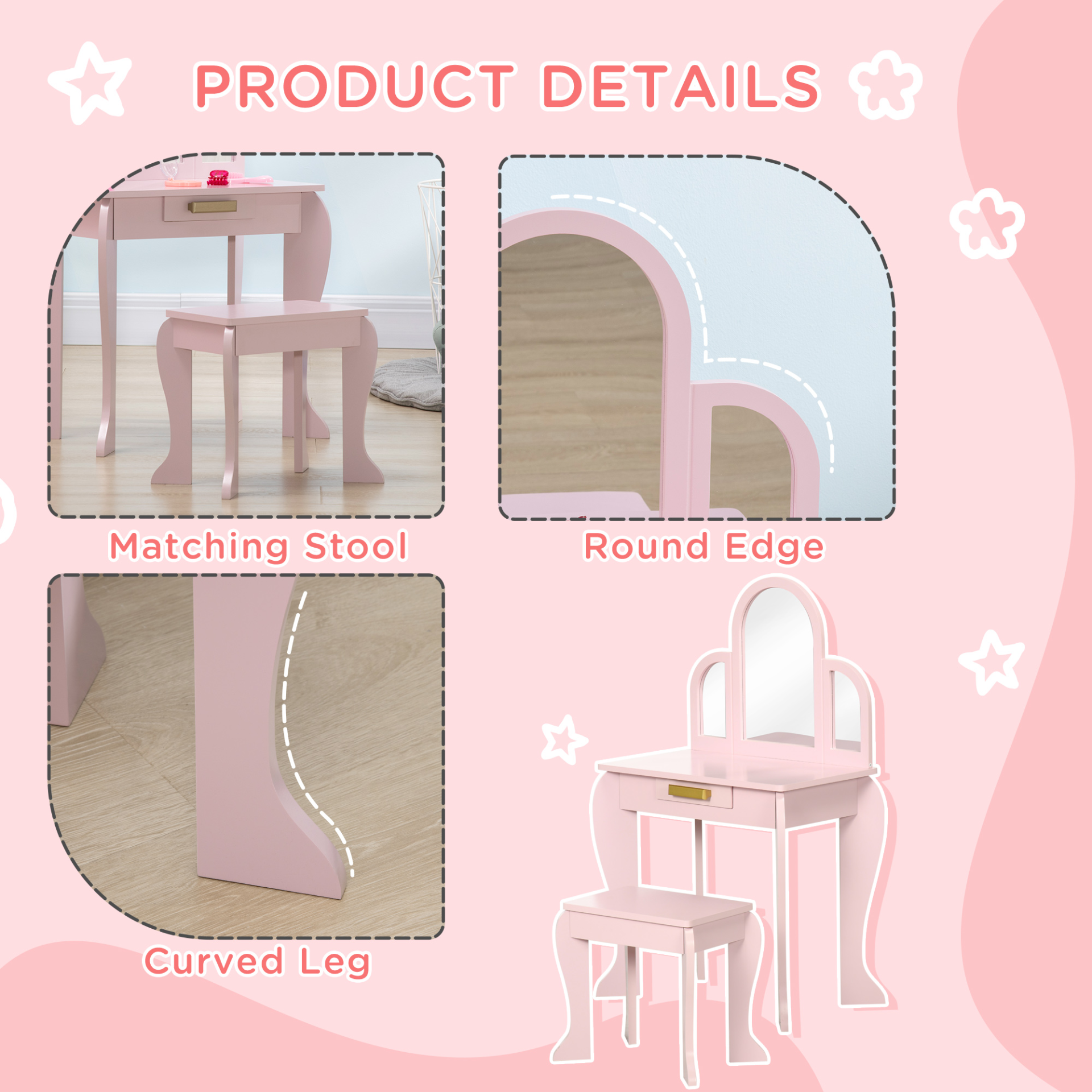 HOMCOM Kids Dressing Table Set - Pink Vanity with Mirror & Stool for Ages 3-6 MyLibelula