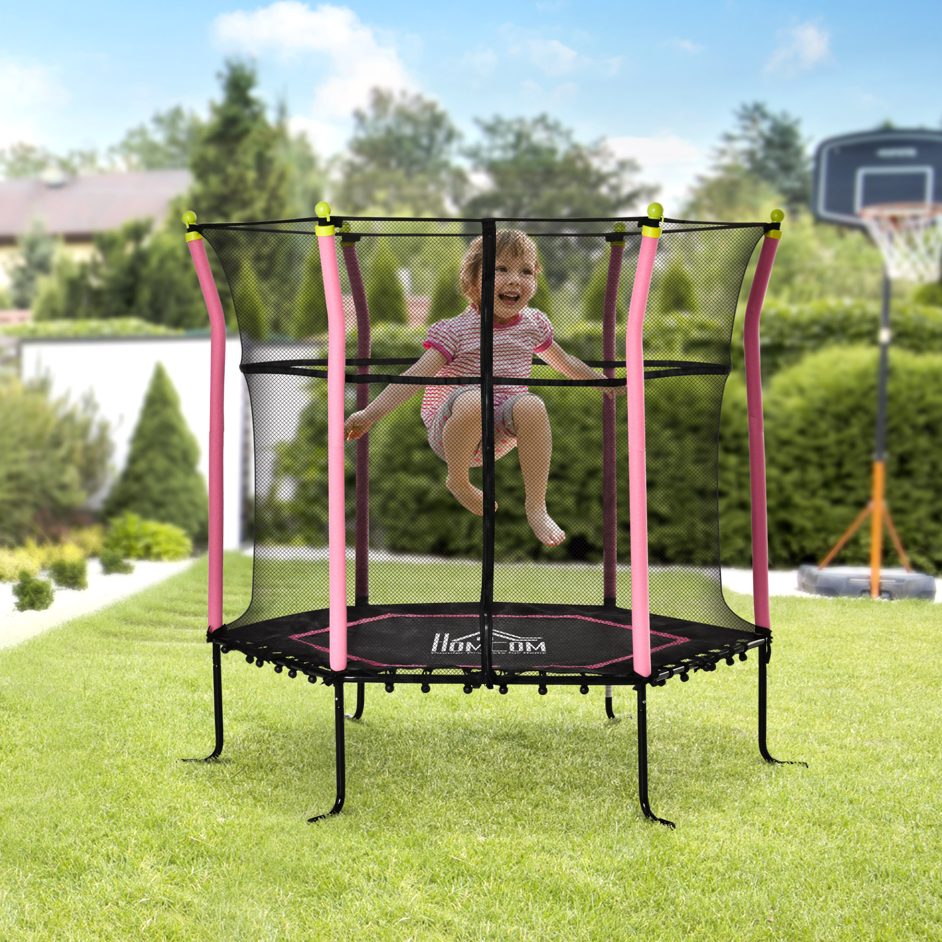 HOMCOM 5.2FT Kids Trampoline With Enclosure Net - Mini Indoor Outdoor Trampoline for Toddlers Age 3-10, Pink MyLibelula