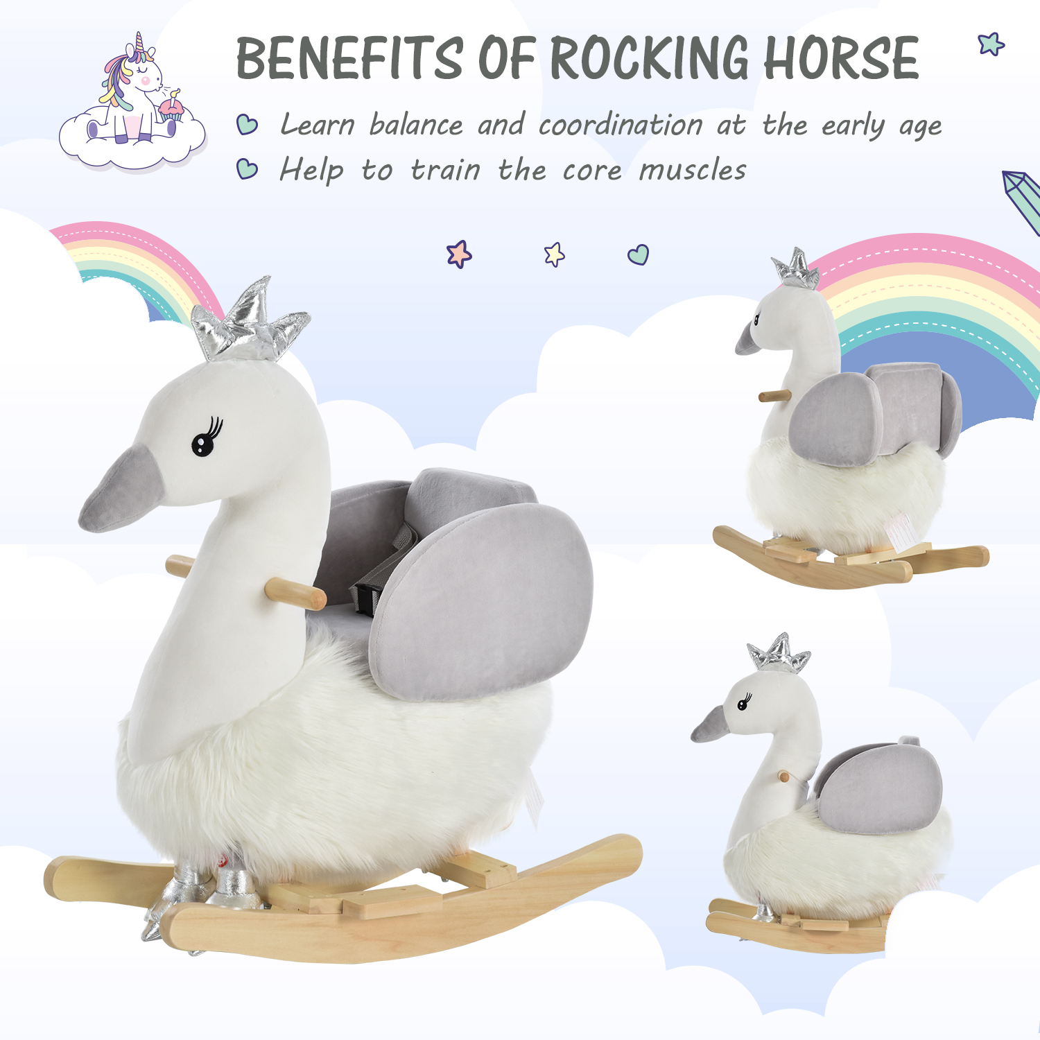 HOMCOM Kids Ride On Swan Rocking Horse – Plush, Sound, Safety Belt – Perfect for Toddlers 18-36 Months MyLibelula