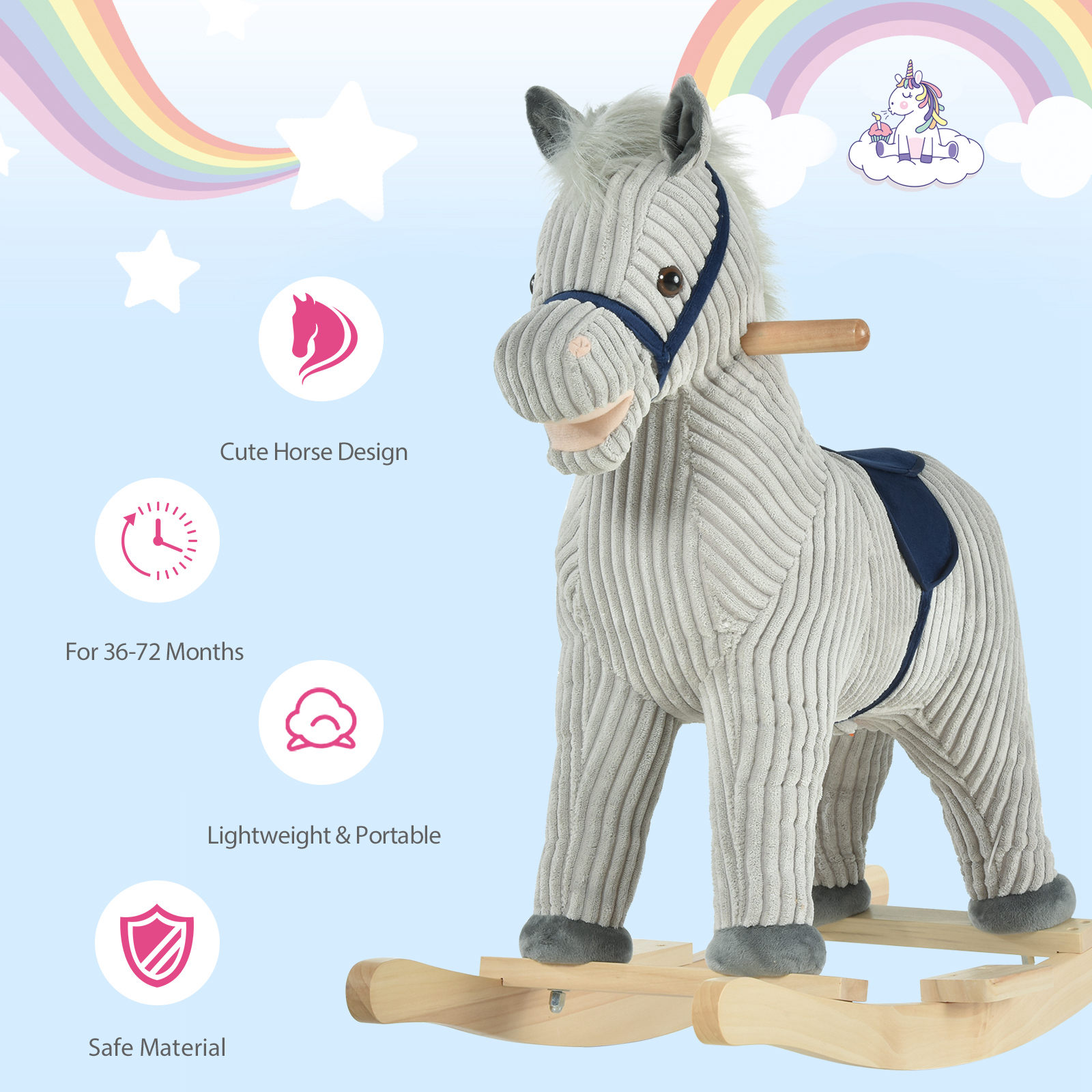 HOMCOM Kids Plush Rocking Horse with Sound | Grey Ride-On Toy for Children (36-72 Months) | Safe & Sturdy Rocker MyLibelula