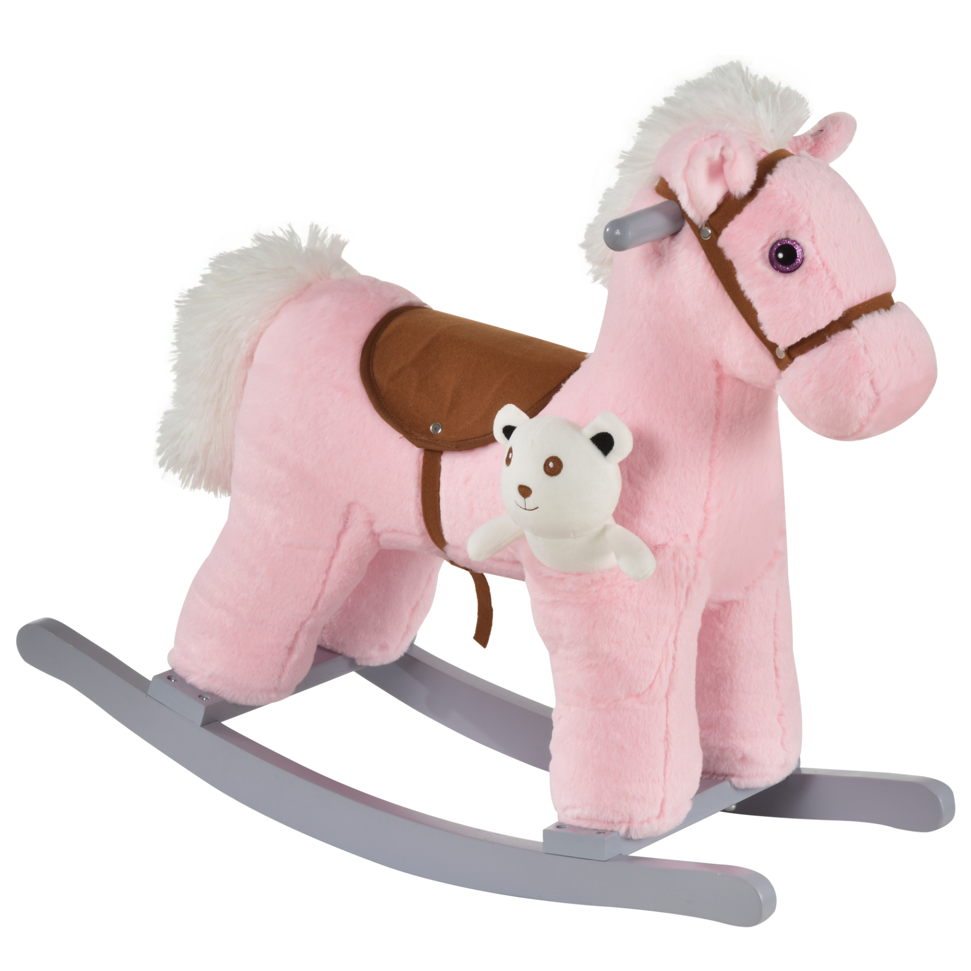 HOMCOM Pink Plush Ride-On Rocking Horse Toy with Realistic Sounds for Toddlers Aged 18-36 Months MyLibelula