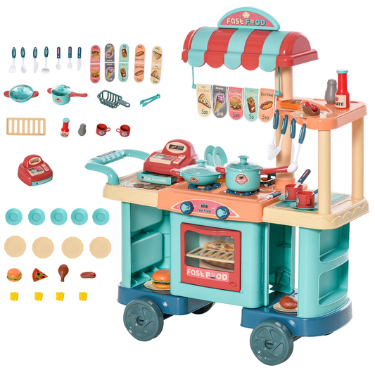 HOMCOM 50 Pcs Kids Kitchen Playset - Fast Food Trolley Cart with Play Food & Cashier Register - Gift for Boys & Girls Age 3-6 MyLibelula