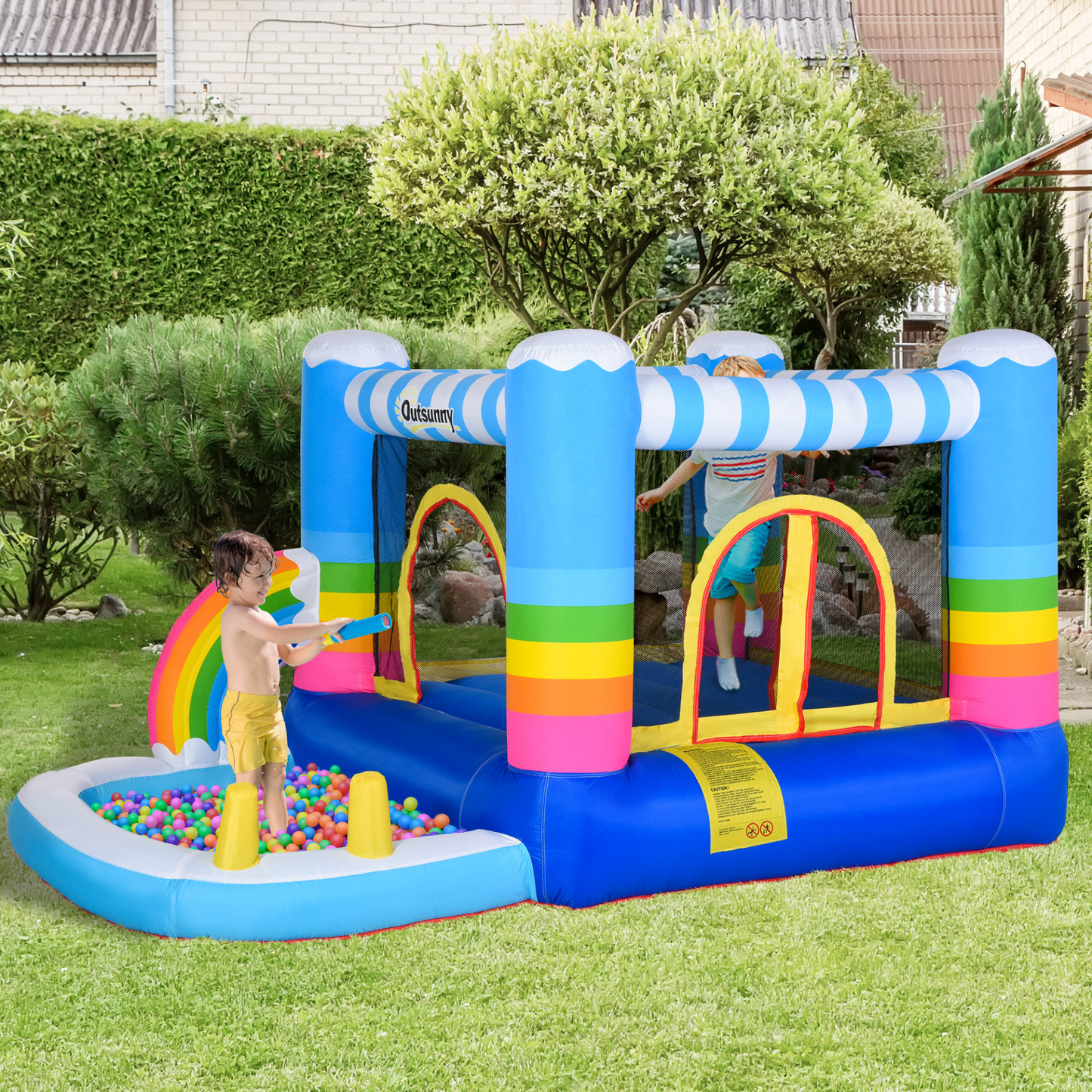 Outsunny Kids Rainbow Bouncy Castle & Pool House Inflatable Trampoline with Blower Pump - Outdoor Fun for 3-8 Years, 2.8 x 1.7 x 1.55m MyLibelula