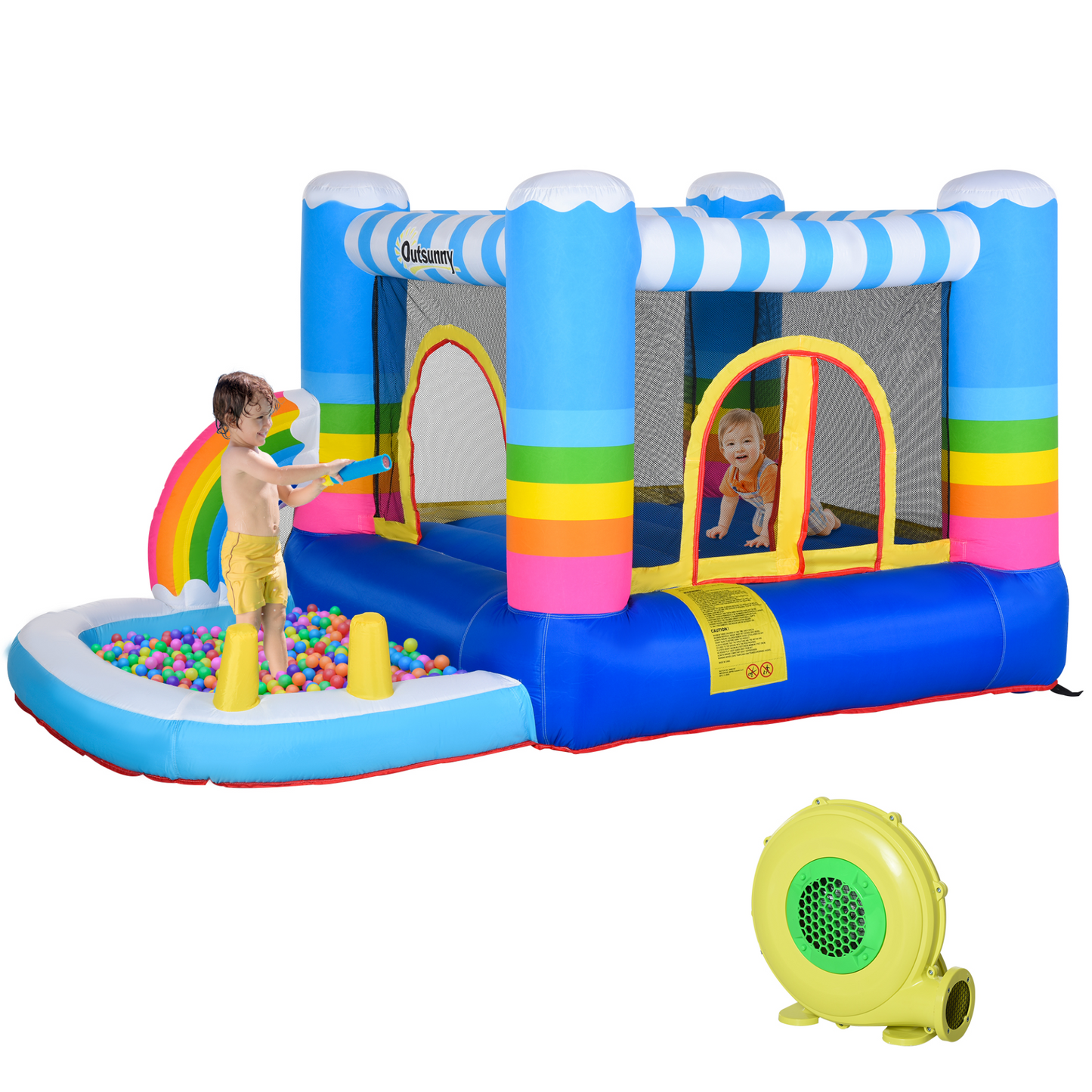 Outsunny Kids Rainbow Bouncy Castle & Pool House Inflatable Trampoline with Blower Pump - Outdoor Fun for 3-8 Years, 2.8 x 1.7 x 1.55m MyLibelula