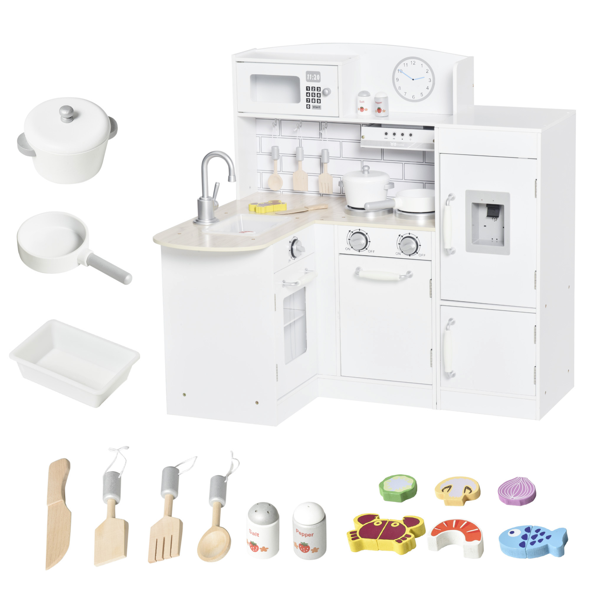 HOMCOM Kids Wooden Play Kitchen Set | Toy Cooking Set with Drinking Fountain, Microwave & Fridge - White MyLibelula