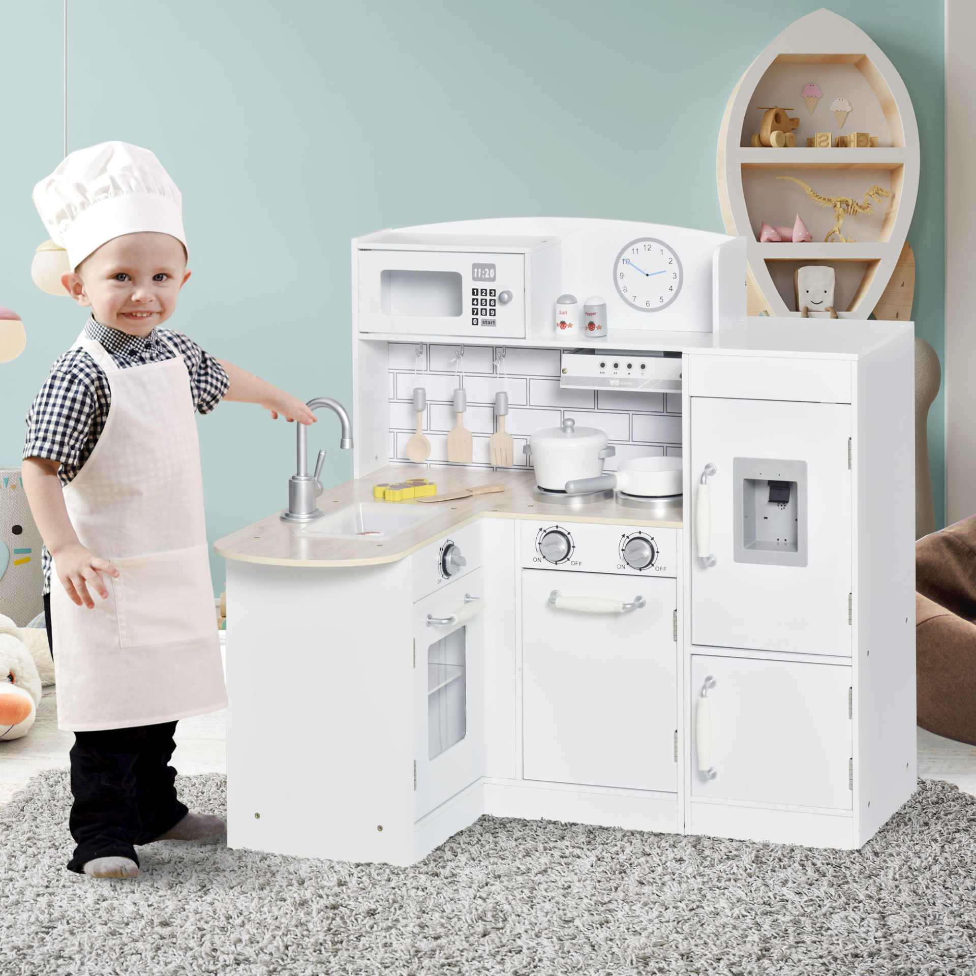 HOMCOM Kids Wooden Play Kitchen Set | Toy Cooking Set with Drinking Fountain, Microwave & Fridge - White MyLibelula