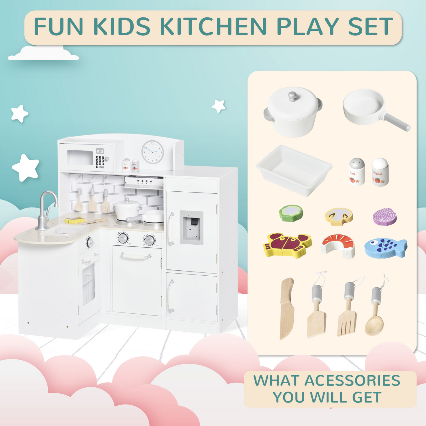 HOMCOM Kids Wooden Play Kitchen Set | Toy Cooking Set with Drinking Fountain, Microwave & Fridge - White MyLibelula