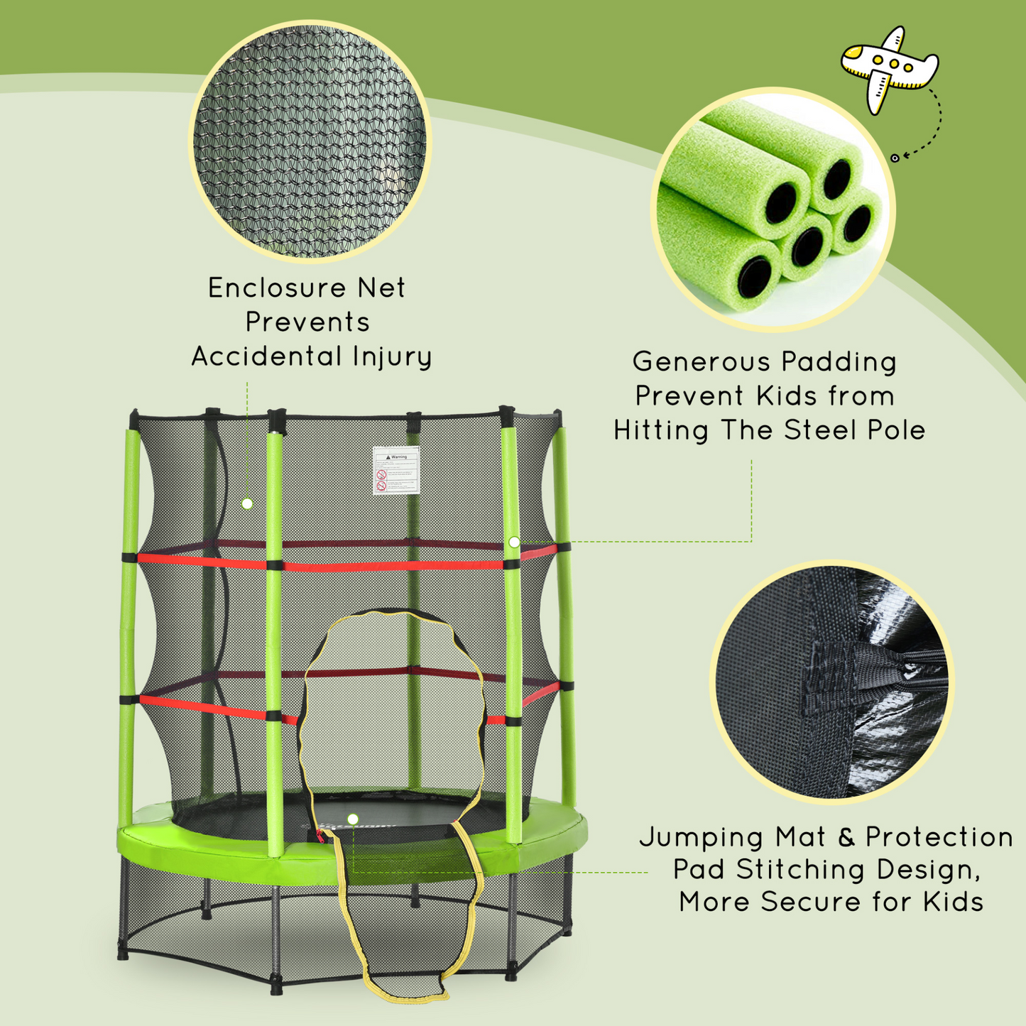 HOMCOM 4.6FT/55 Inch Kids Trampoline with Enclosure Net - Indoor Round Bouncer Rebounder for Children Ages 3 to 6 - Green MyLibelula