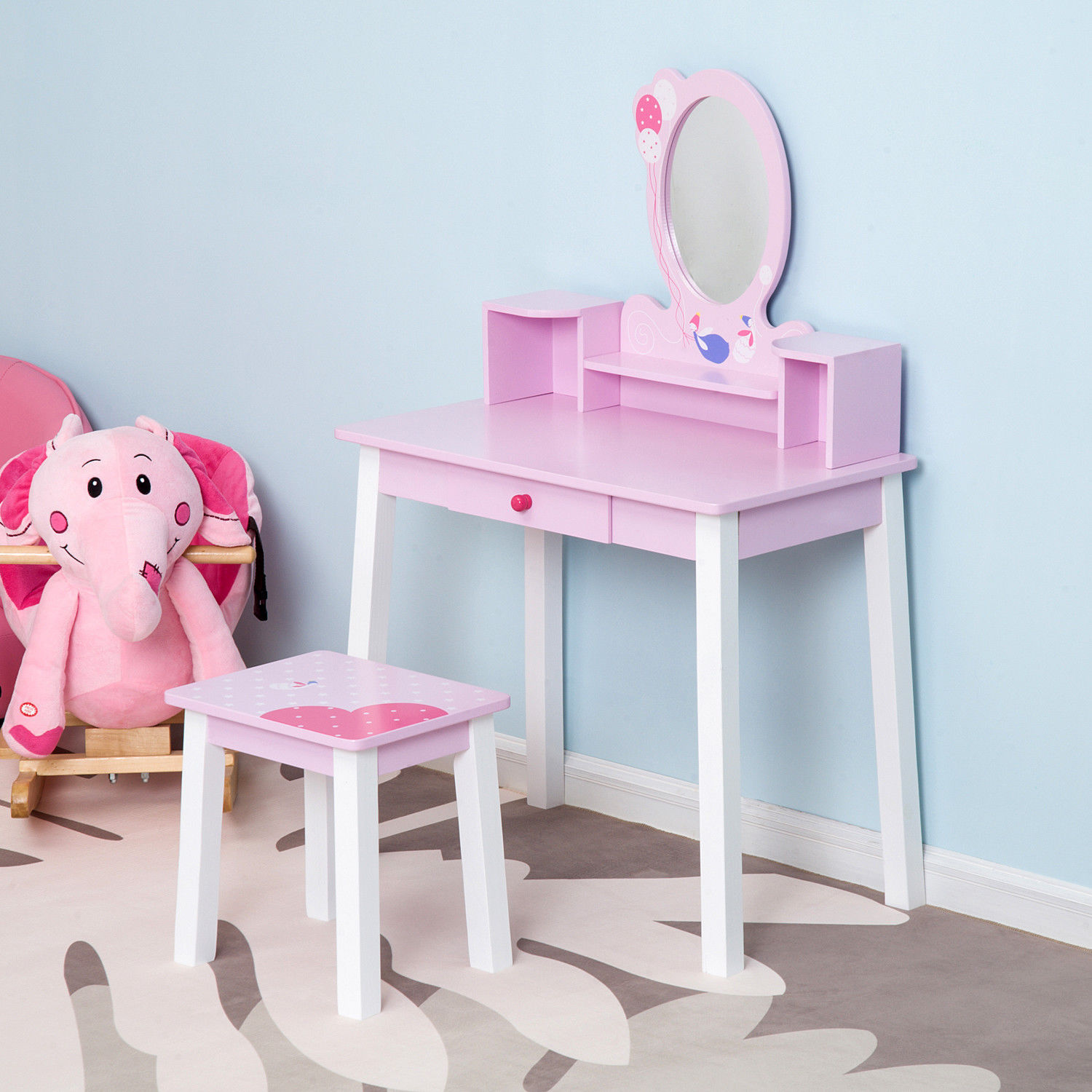 HOMCOM Kids Wooden Dressing Table and Stool Set - Pink Make Up Desk with Mirror & Storage MyLibelula