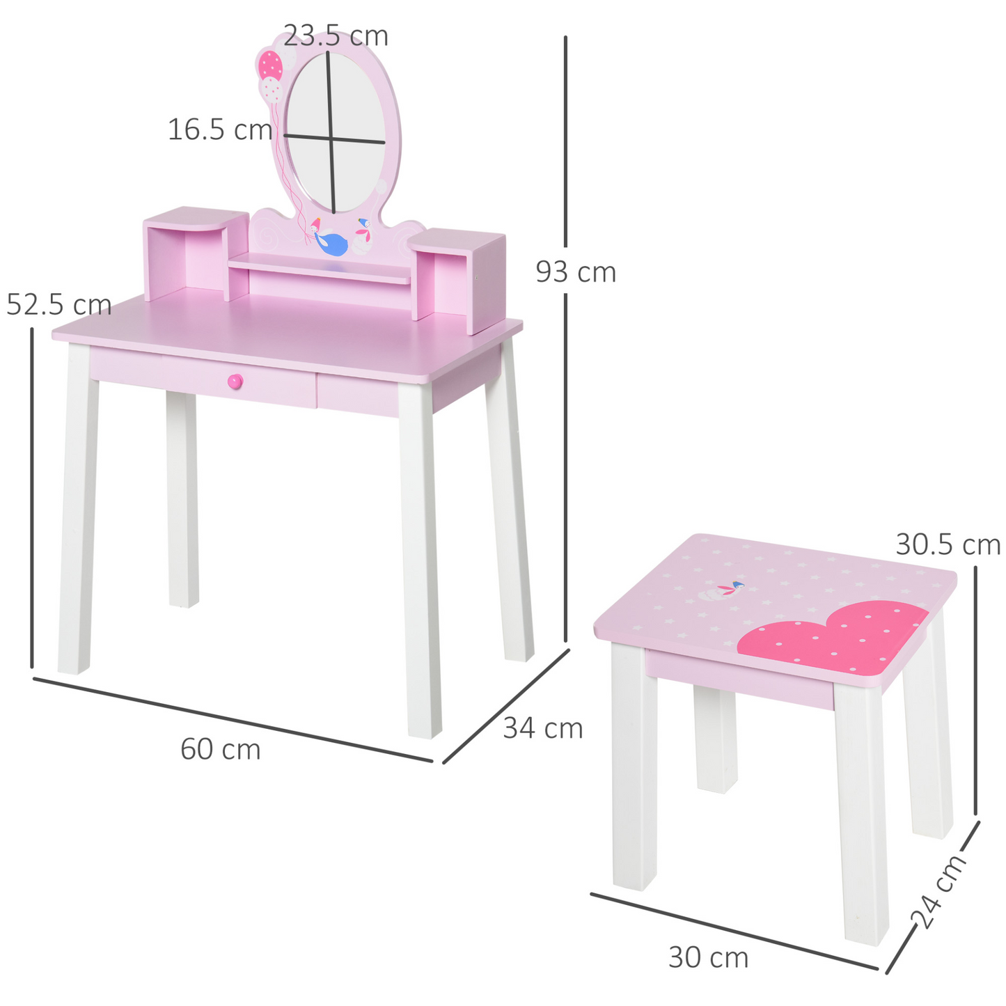 HOMCOM Kids Wooden Dressing Table and Stool Set - Pink Make Up Desk with Mirror & Storage MyLibelula